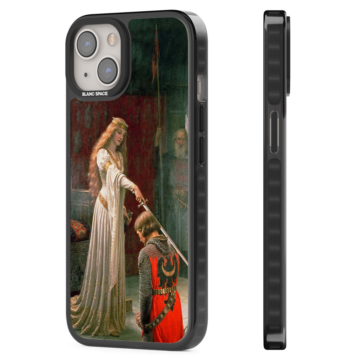 The Accolade renaissance art iPhone case featuring Edmund Blair Leighton's painting of a queen knighting a kneeling knight | Black Impact case for iPhone 13, iPhone 14, iPhone 15