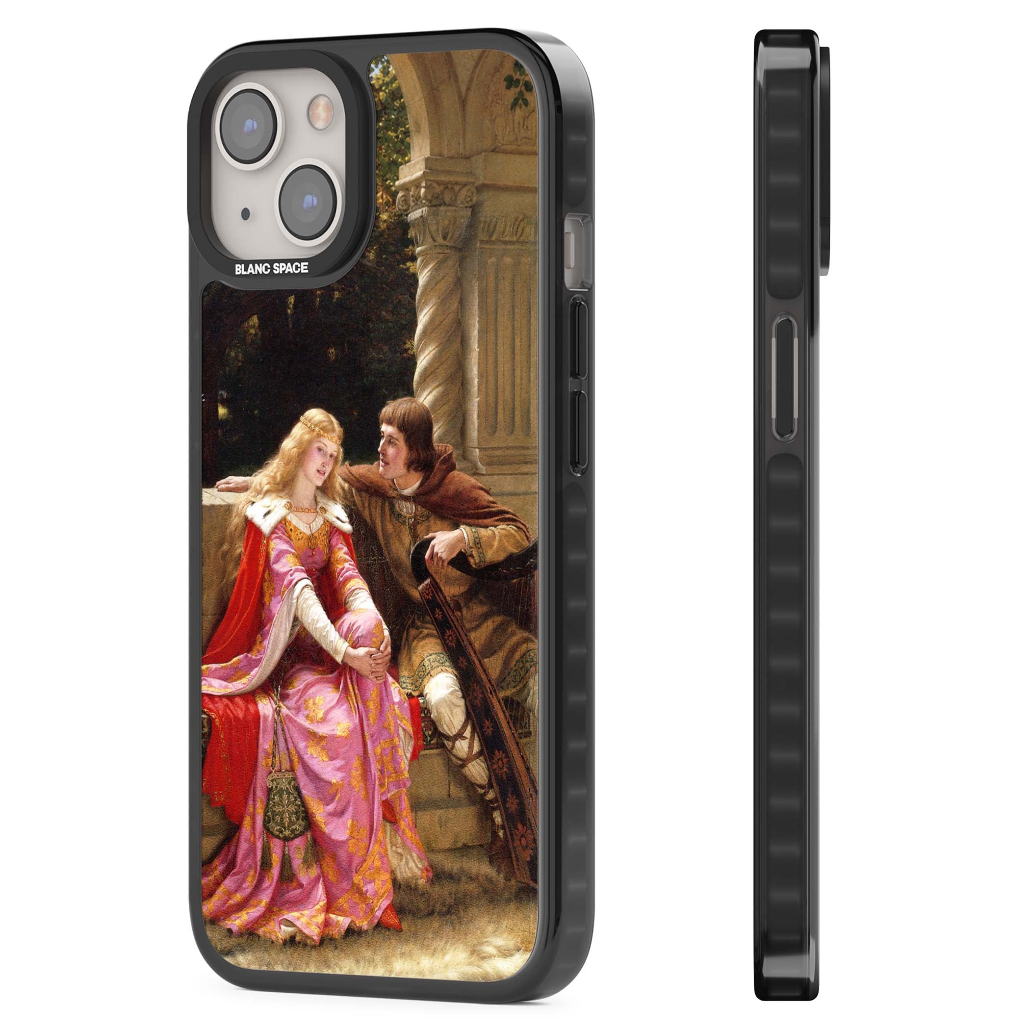 The End of the Song classic art iPhone case featuring a medieval lady in pink gown and her knight in a stone archway | Black Impact case for iPhone 13, iPhone 14, iPhone 15