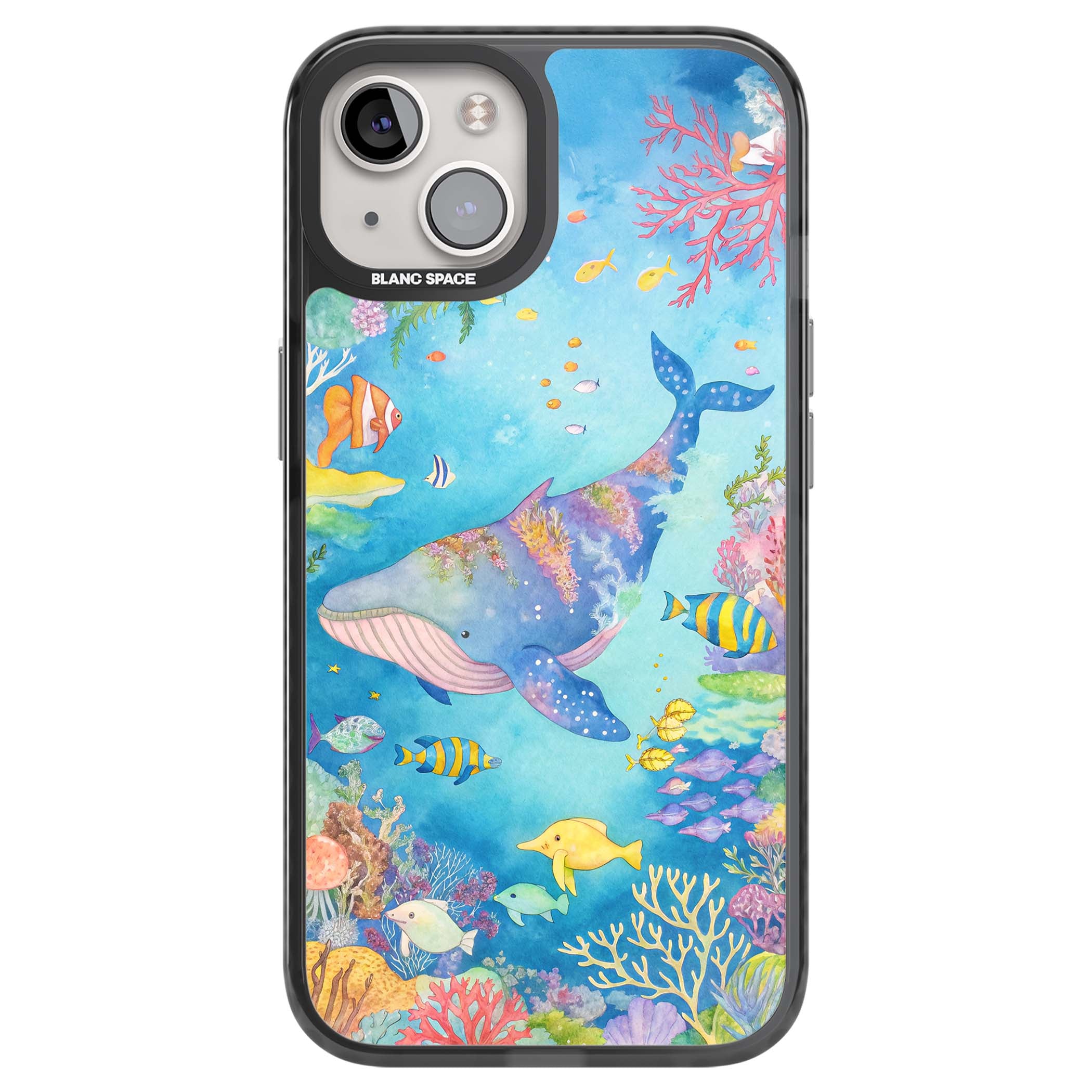 Coral Lagoon ocean iPhone case featuring a watercolour whale, coral reef and tropical fish | Black Impact case for iPhone 13, iPhone 14, iPhone 15