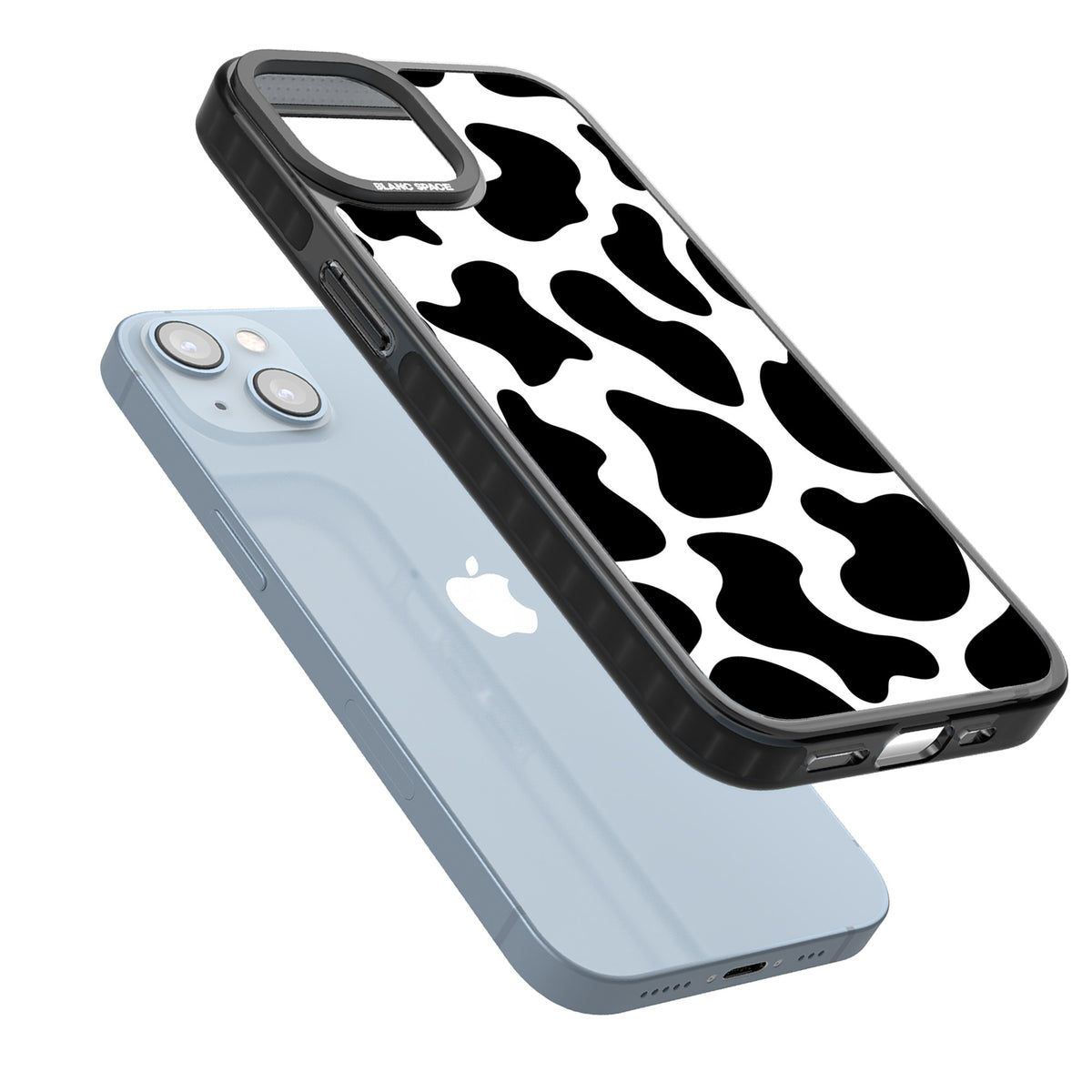 Cow Print iPhone 12 / 12 Pro / iPhone 13 / iPhone 14 / iPhone 14 Plus / iPhone 15 / iPhone 15 Plus Impact Black Phone Case angled