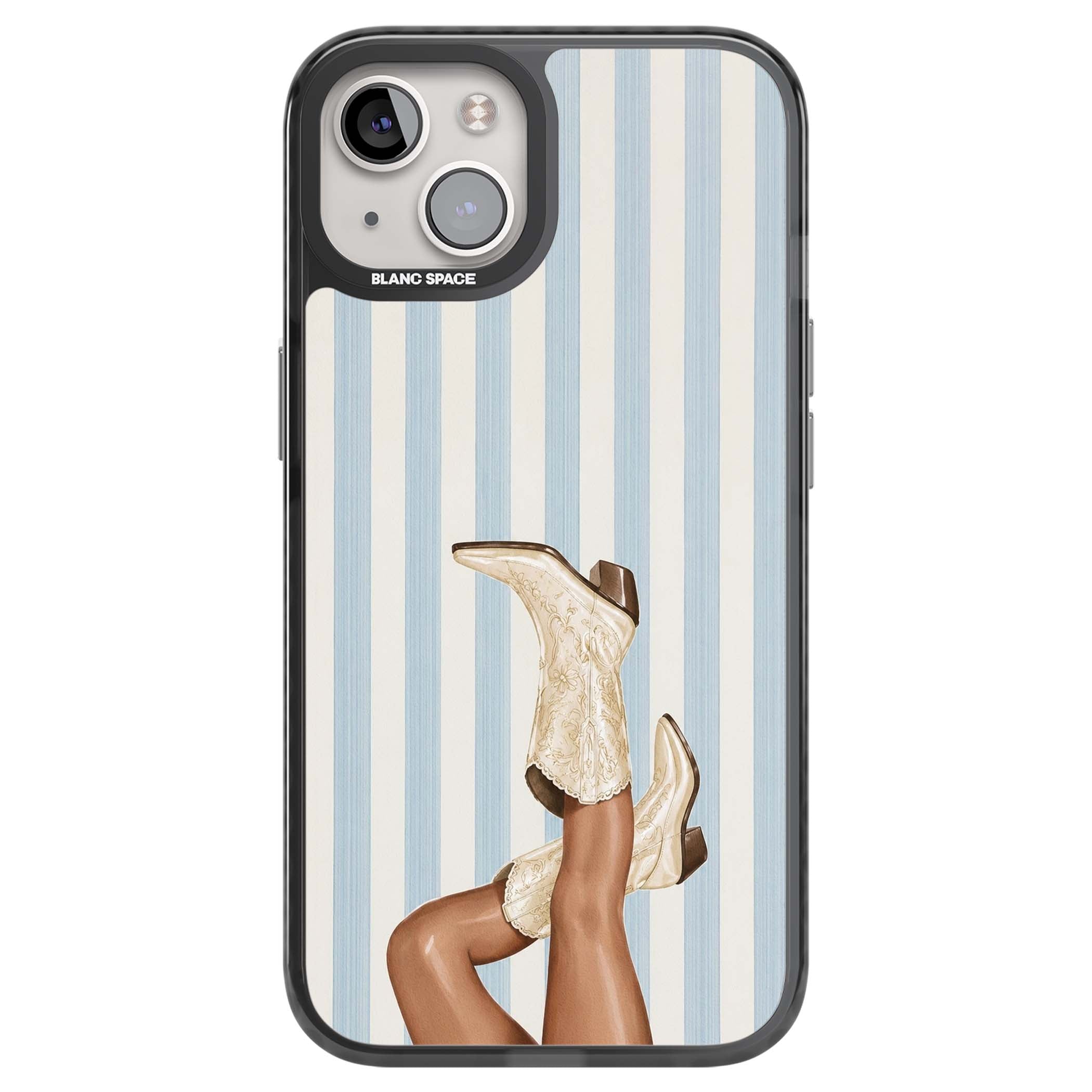Cowgirl Boots coastal cowgirl iPhone case featuring embroidered western boots, tanned legs and a blue stripe backdrop | Black Impact case for iPhone 13, iPhone 14, iPhone 15
