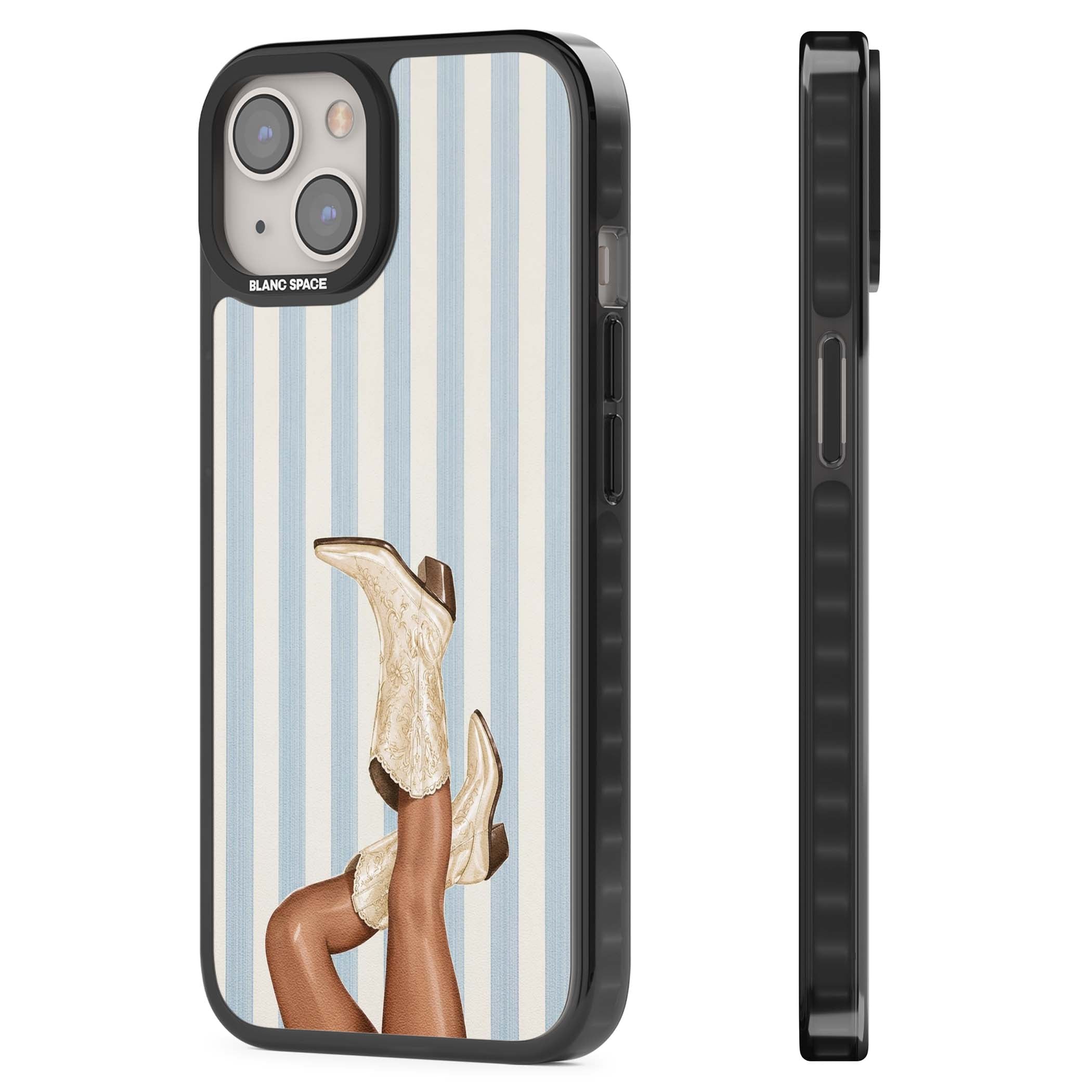 Cowgirl Boots coastal cowgirl iPhone case featuring embroidered western boots, tanned legs and a blue stripe backdrop | Black Impact case for iPhone 13, iPhone 14, iPhone 15