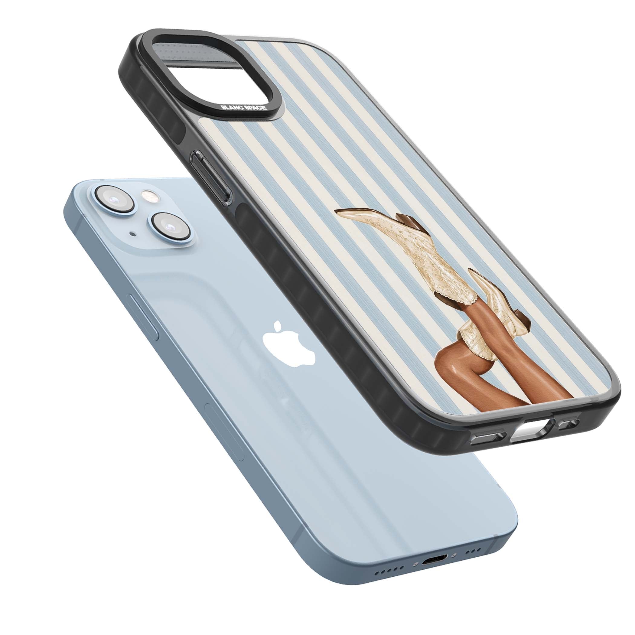 Cowgirl Boots coastal cowgirl iPhone case featuring embroidered western boots, tanned legs and a blue stripe backdrop | Black Impact case for iPhone 13, iPhone 14, iPhone 15