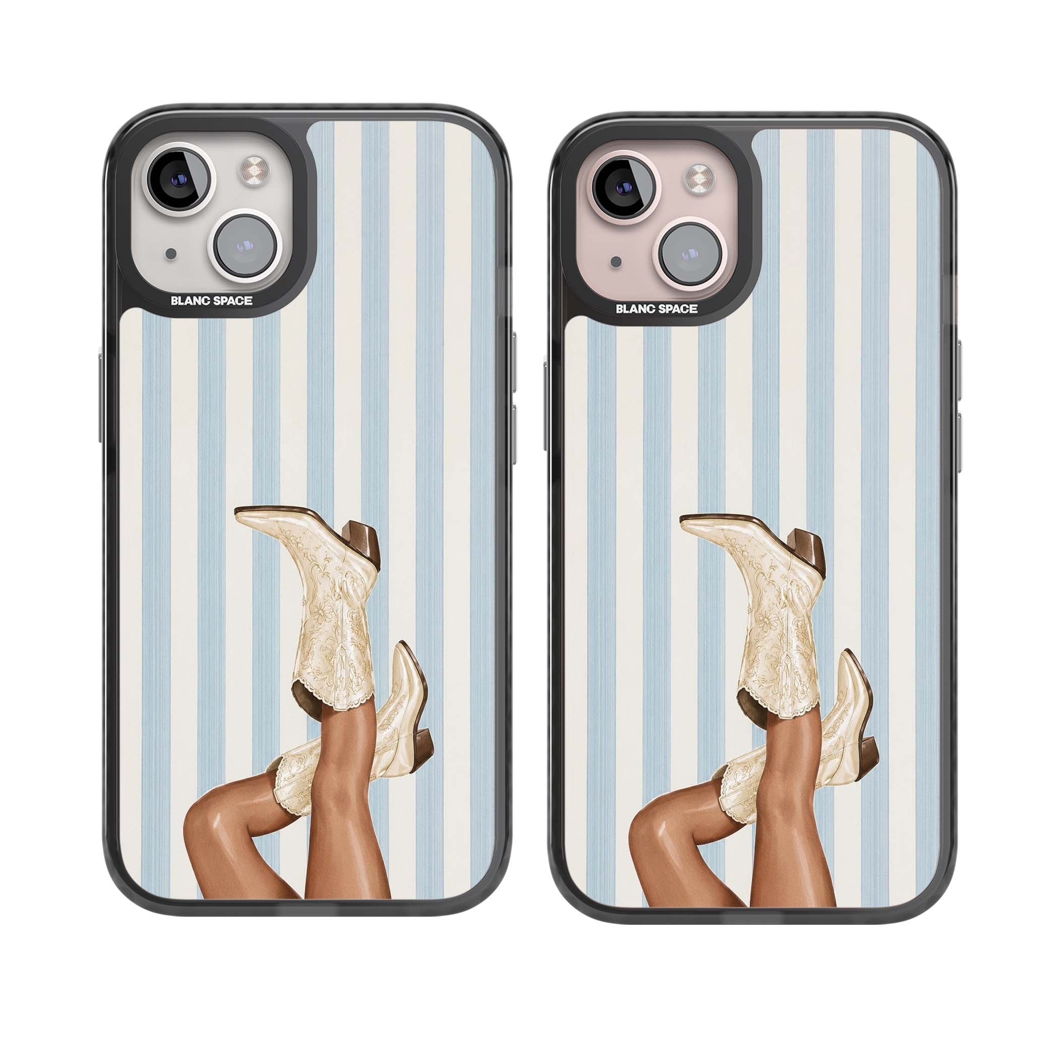 Cowgirl Boots coastal cowgirl iPhone case featuring embroidered western boots, tanned legs and a blue stripe backdrop | Black Impact case for iPhone 13, iPhone 14, iPhone 15