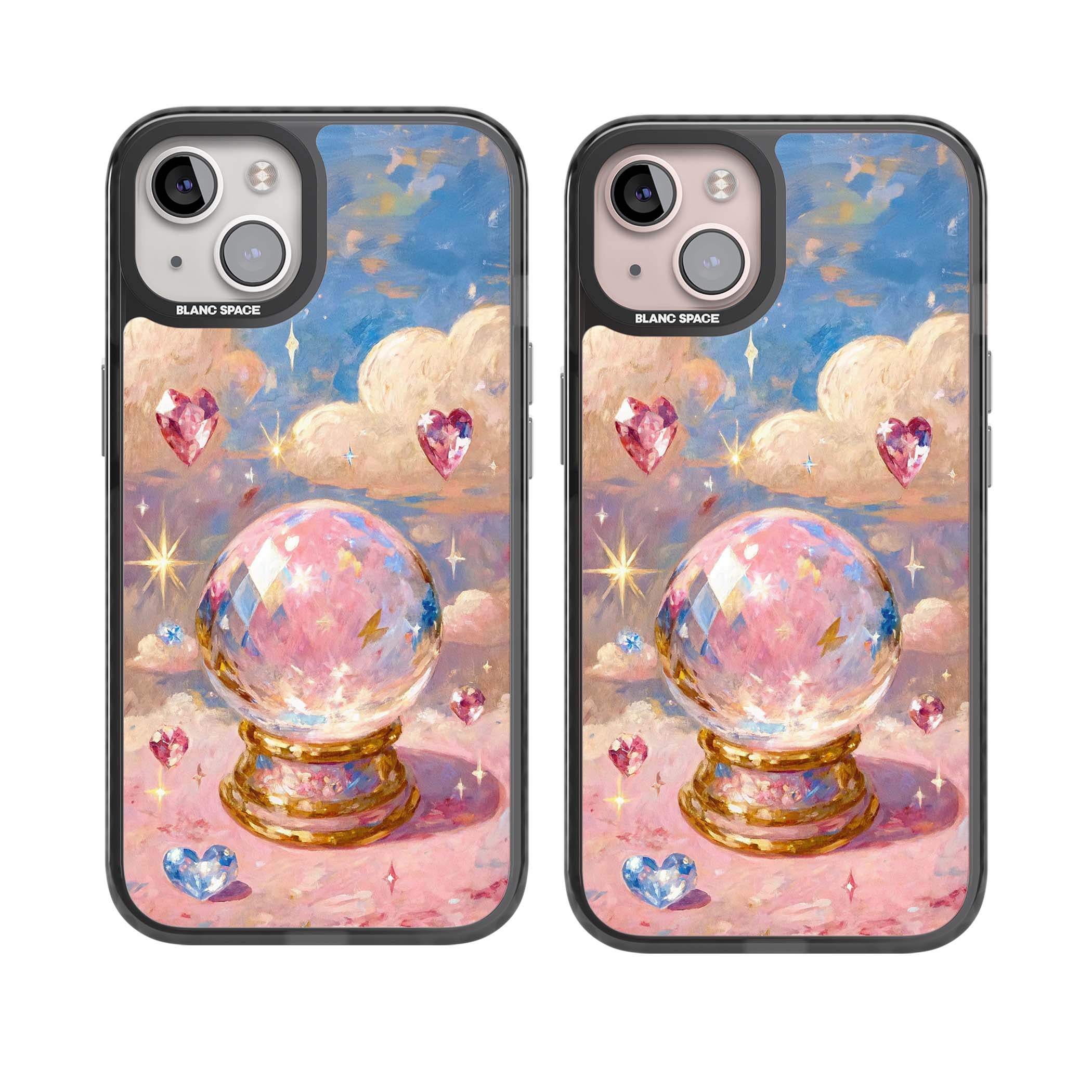 Crystal Ball fairycore iPhone case featuring a painted crystal ball, heart gemstones, and pastel clouds | Black Impact case for iPhone 13, iPhone 14, iPhone 15