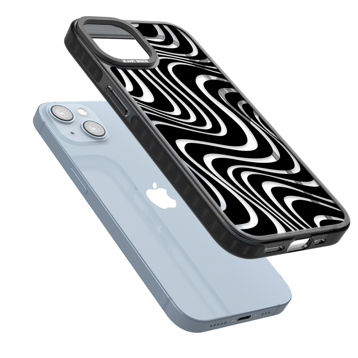 Abstract Waves iPhone 12 / 12 Pro / iPhone 13 / iPhone 14 / iPhone 14 Plus / iPhone 15 / iPhone 15 Plus Impact Black Phone Case angled