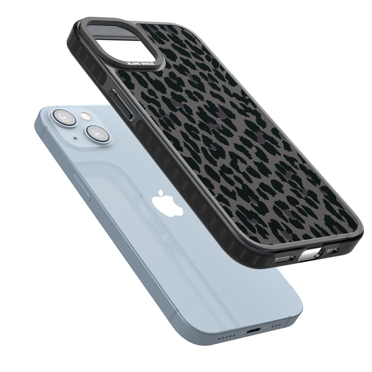 Dark Leopard Print iPhone 12 / 12 Pro / iPhone 13 / iPhone 14 / iPhone 14 Plus / iPhone 15 / iPhone 15 Plus Impact Black Phone Case angled