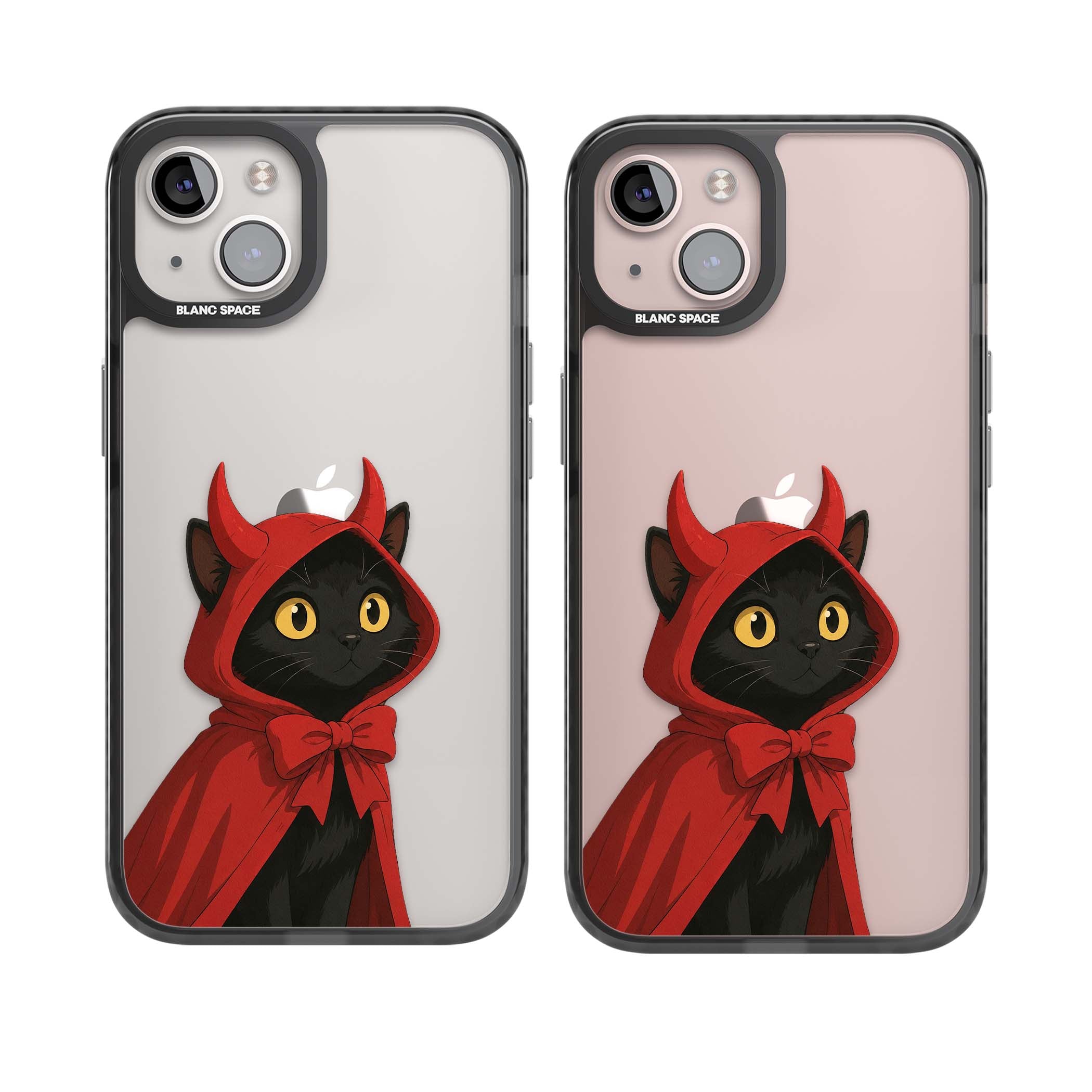 Little Devil halloween iPhone case featuring a black cat in a red hooded devil cloak with horns and golden eyes | Black Impact case for iPhone 13, iPhone 14, iPhone 15