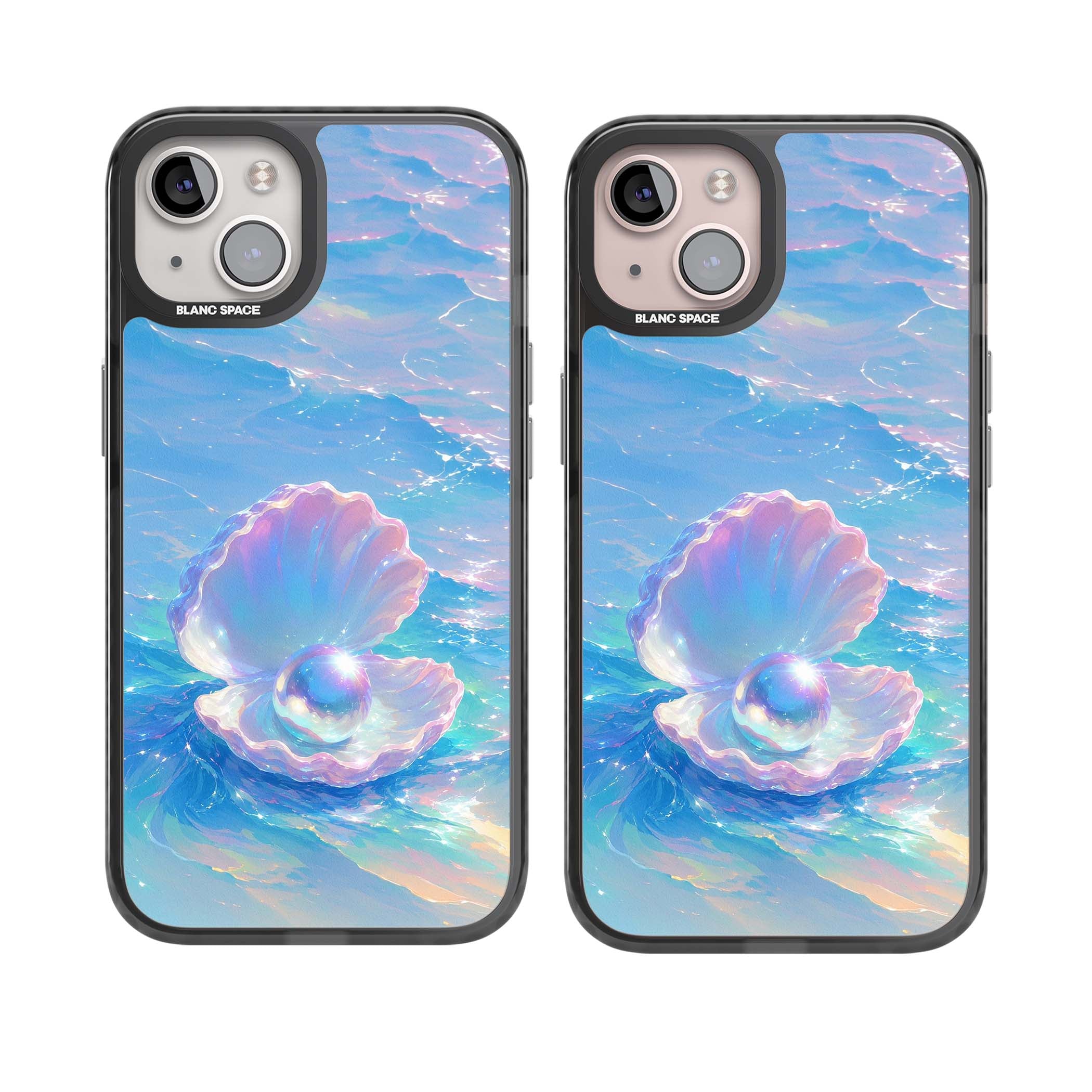 The Pearl Clam mermaidcore iPhone case featuring iridescent seashell, glowing pearl and pastel ocean waves | Black Impact case for iPhone 13, iPhone 14, iPhone 15