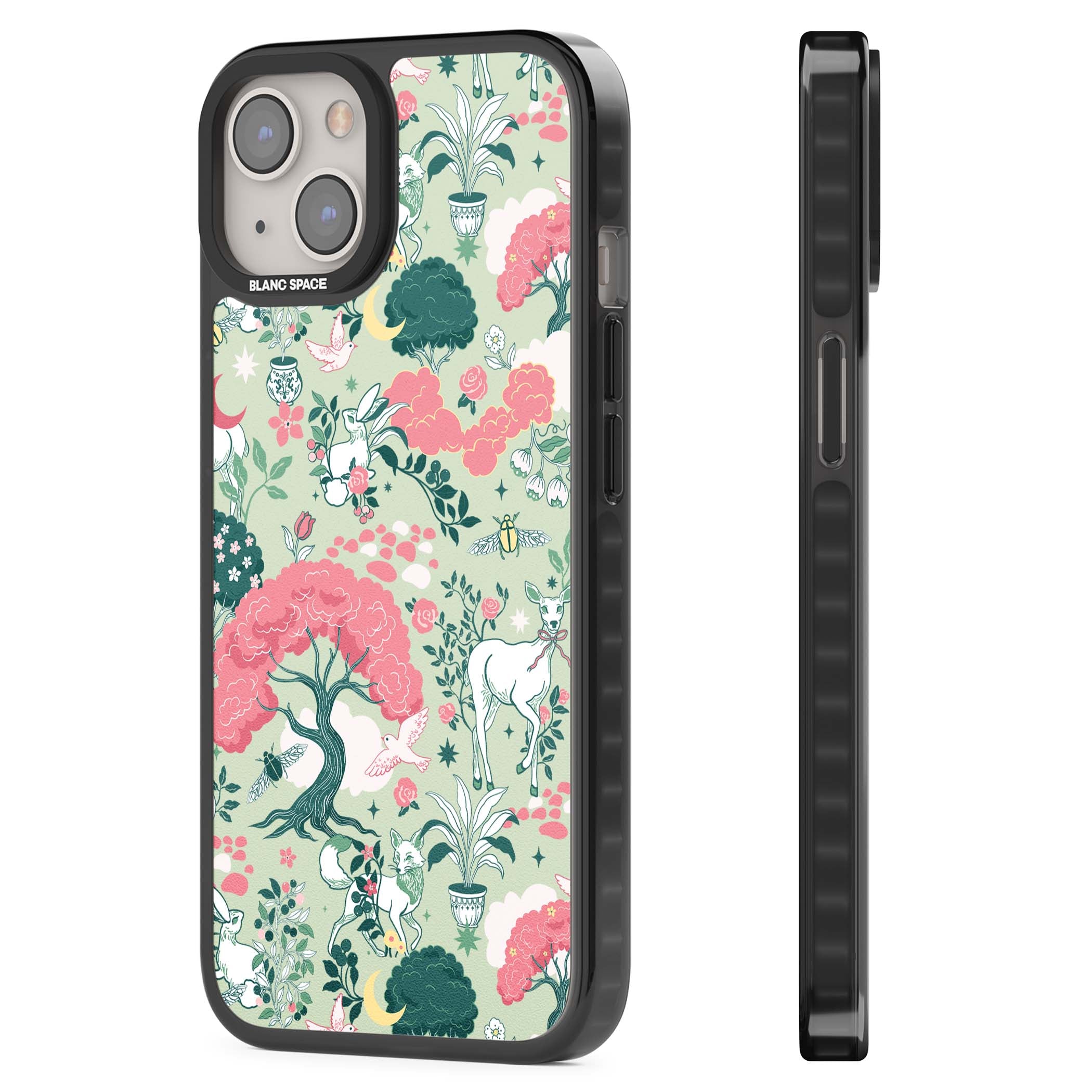 Enchanted Woodland cottagecore iPhone case featuring white deer, pink roses, mushrooms and woodland animals on sage green | Black Impact case for iPhone 13, iPhone 14, iPhone 15