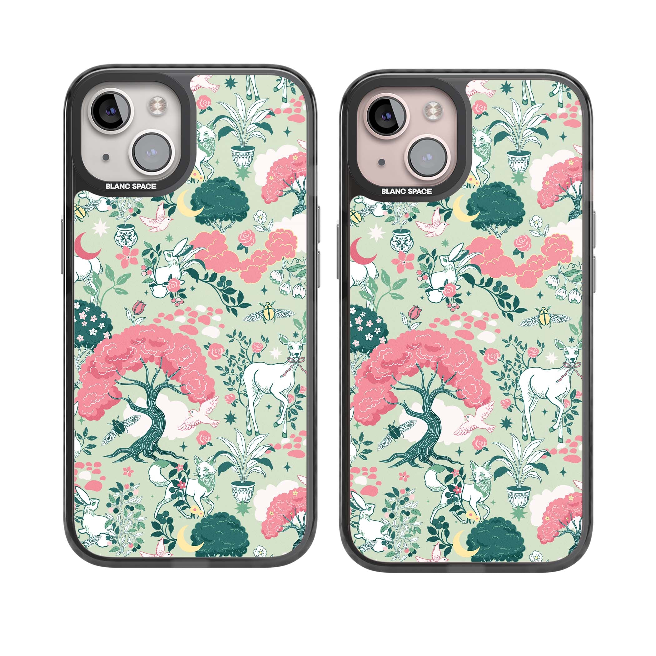 Enchanted Woodland cottagecore iPhone case featuring white deer, pink roses, mushrooms and woodland animals on sage green | Black Impact case for iPhone 13, iPhone 14, iPhone 15