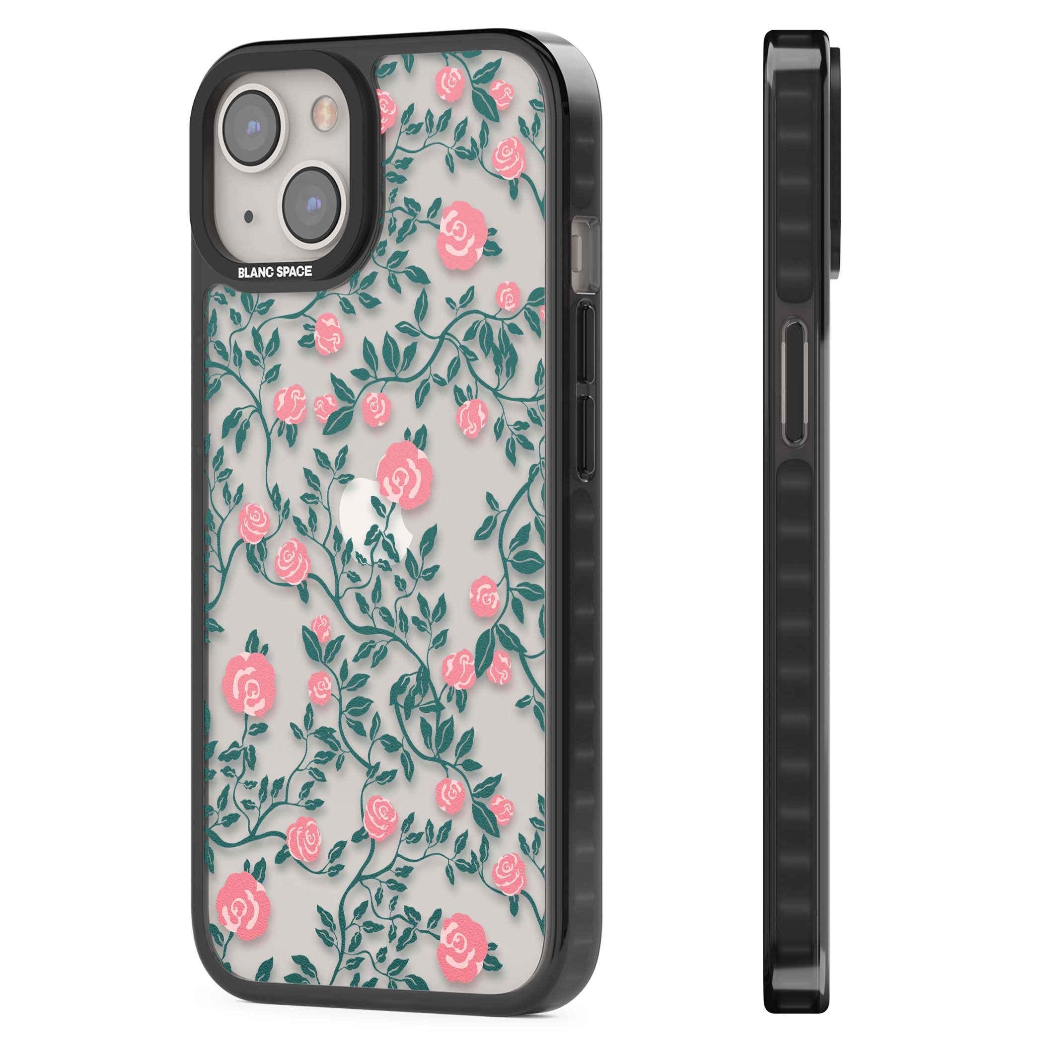 Rose Trellis (Clear) cottagecore iPhone case featuring pink climbing roses and green leaves on clear background | Black Impact case for iPhone 13, iPhone 14, iPhone 15