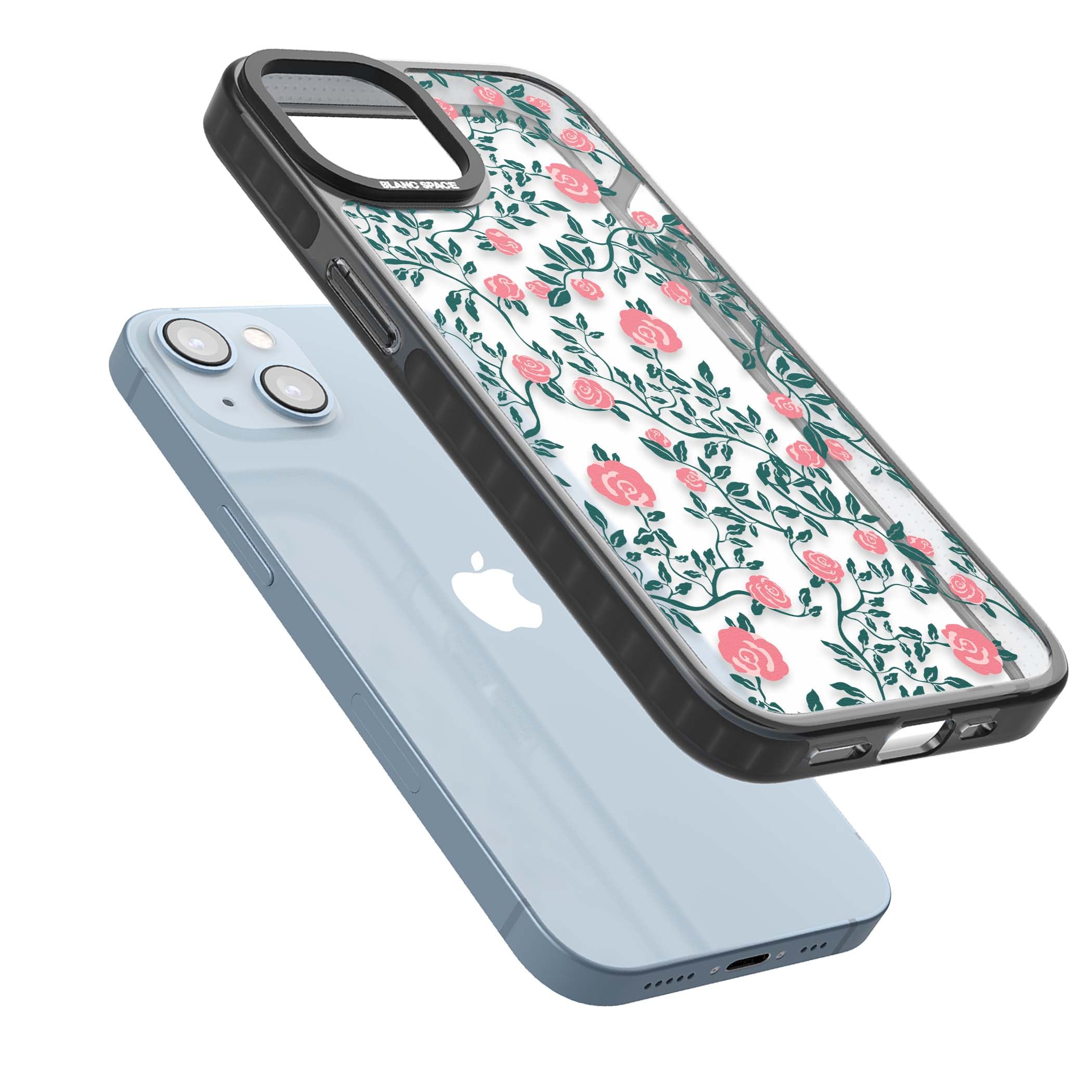 Rose Trellis (Clear) cottagecore iPhone case featuring pink climbing roses and green leaves on clear background | Black Impact case for iPhone 13, iPhone 14, iPhone 15