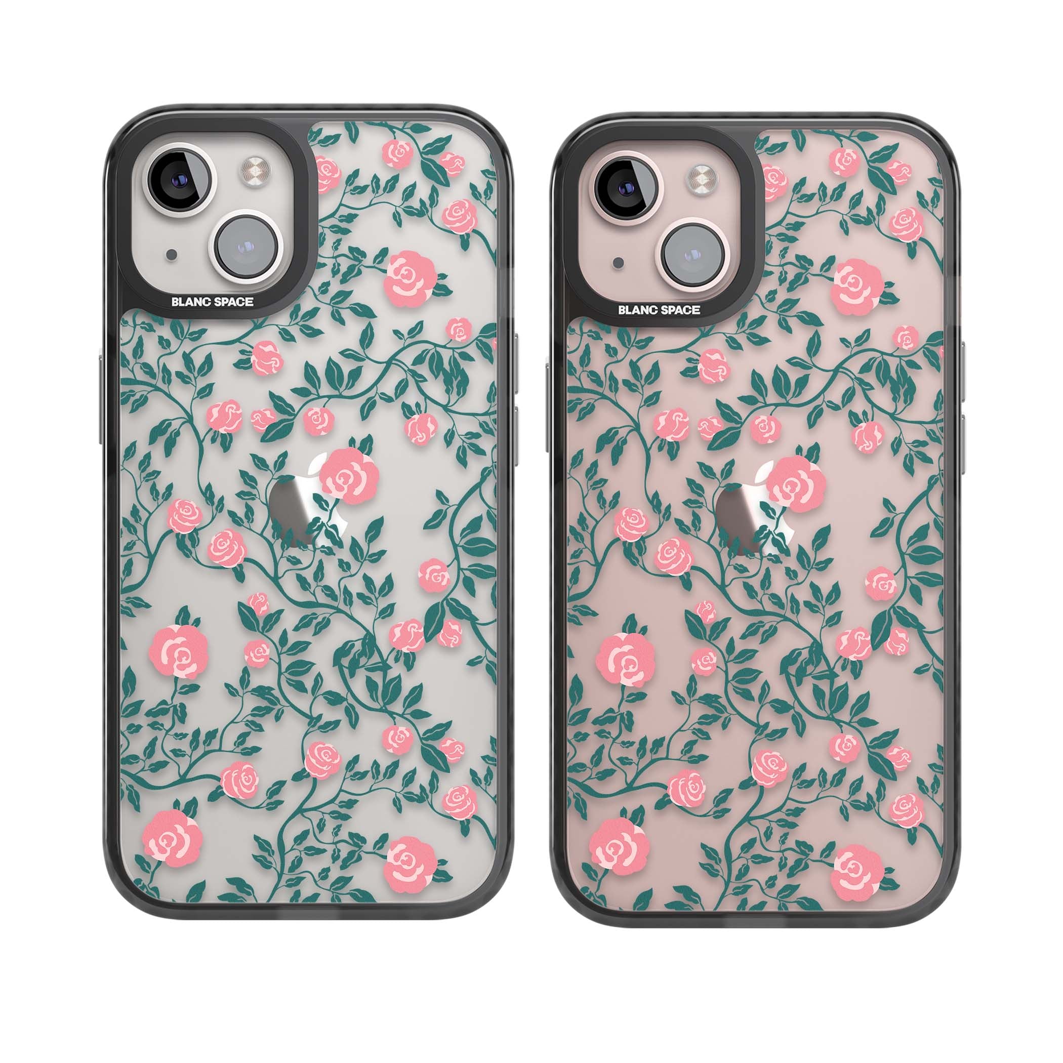 Rose Trellis (Clear) cottagecore iPhone case featuring pink climbing roses and green leaves on clear background | Black Impact case for iPhone 13, iPhone 14, iPhone 15
