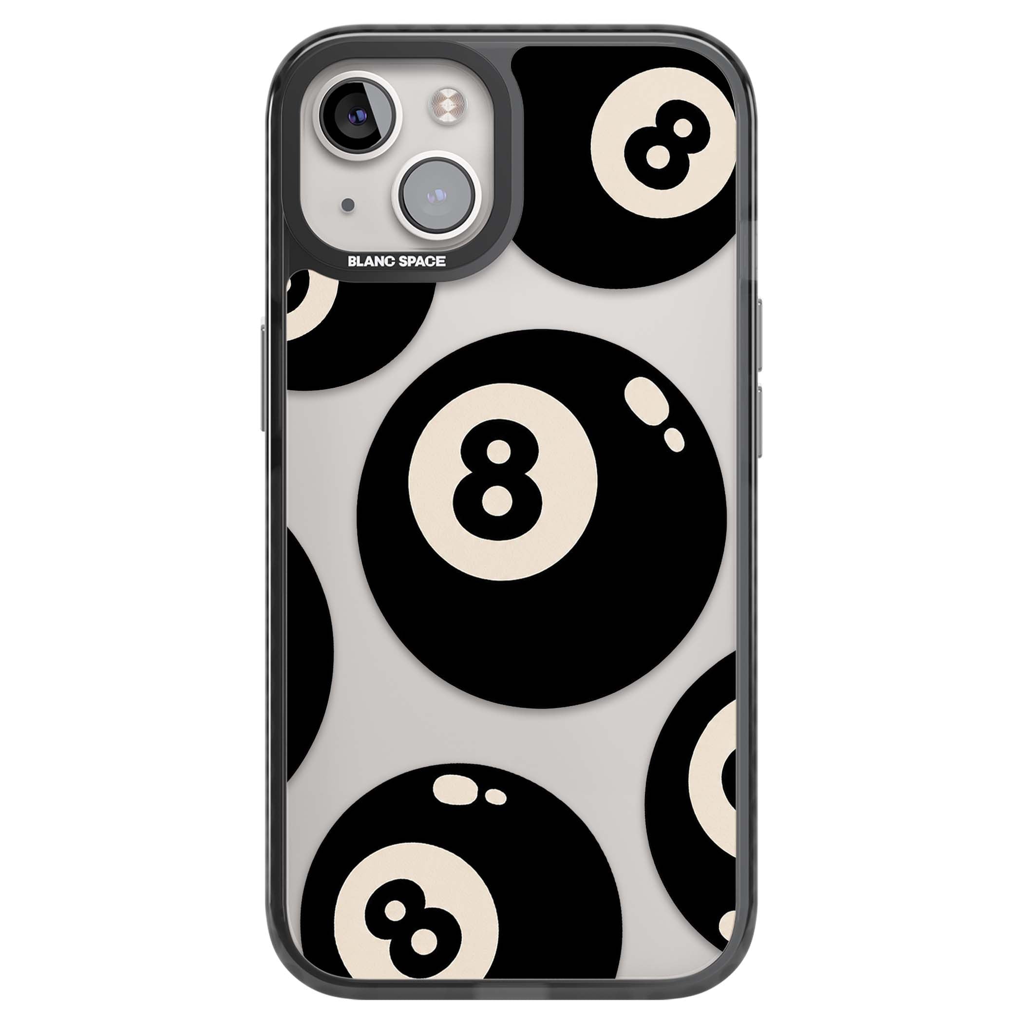 Eights y2k iPhone case featuring scattered black 8 balls with cream highlights on a clear background | Black Impact case for iPhone 13, iPhone 14, iPhone 15