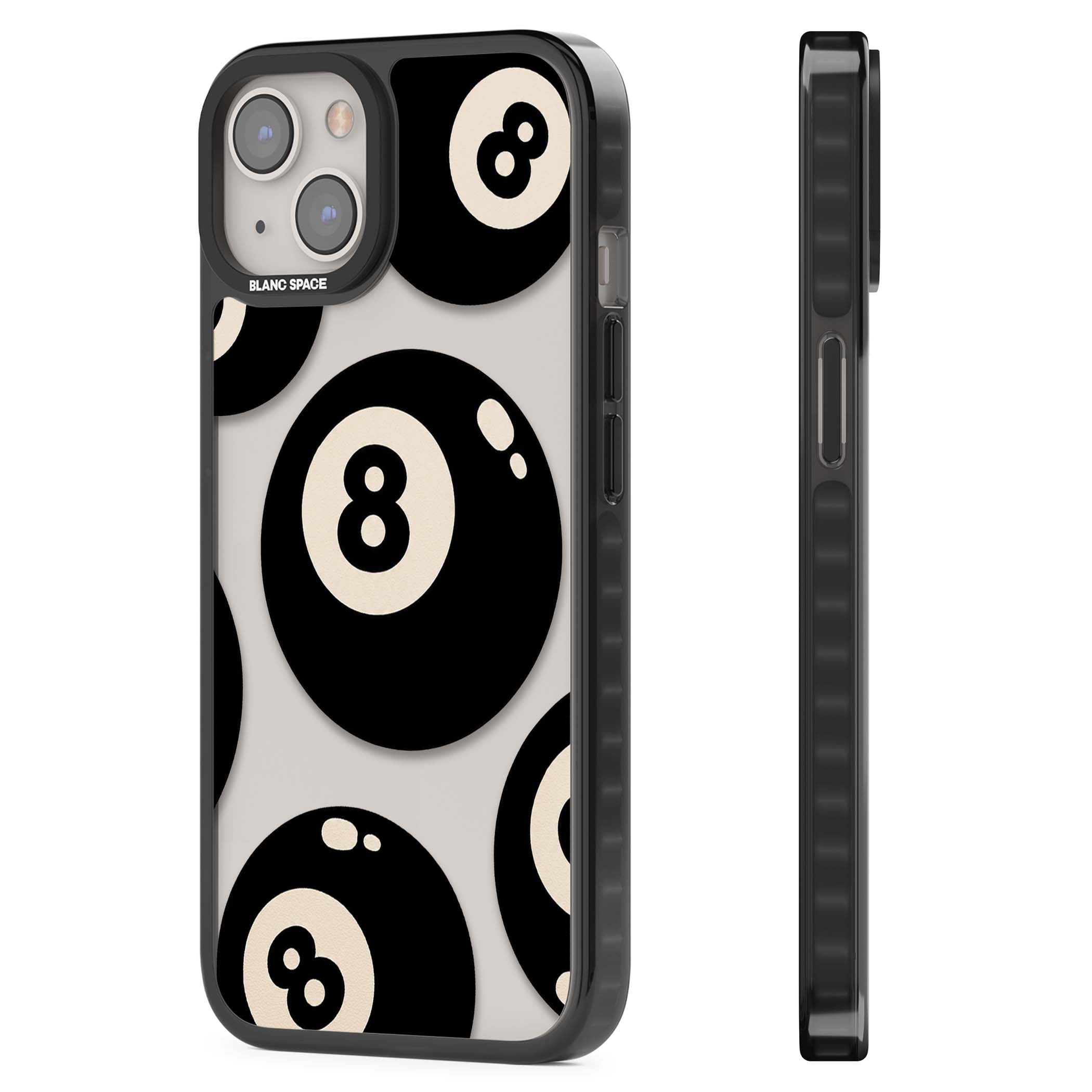 Eights y2k iPhone case featuring scattered black 8 balls with cream highlights on a clear background | Black Impact case for iPhone 13, iPhone 14, iPhone 15