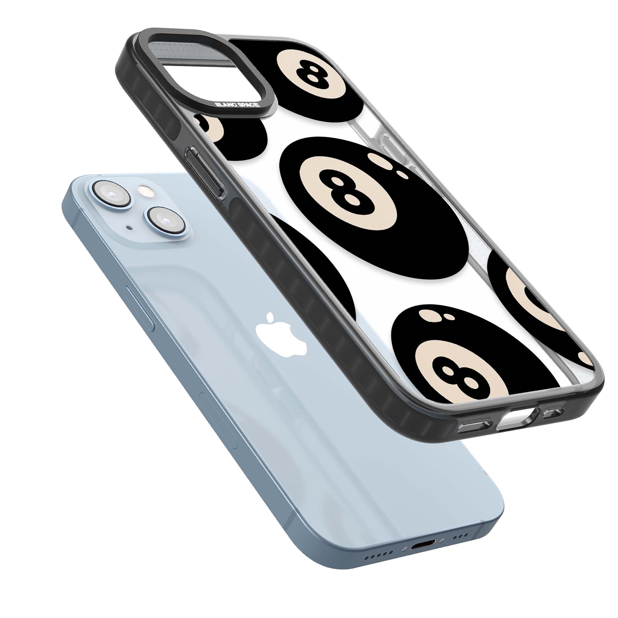 Eights y2k iPhone case featuring scattered black 8 balls with cream highlights on a clear background | Black Impact case for iPhone 13, iPhone 14, iPhone 15