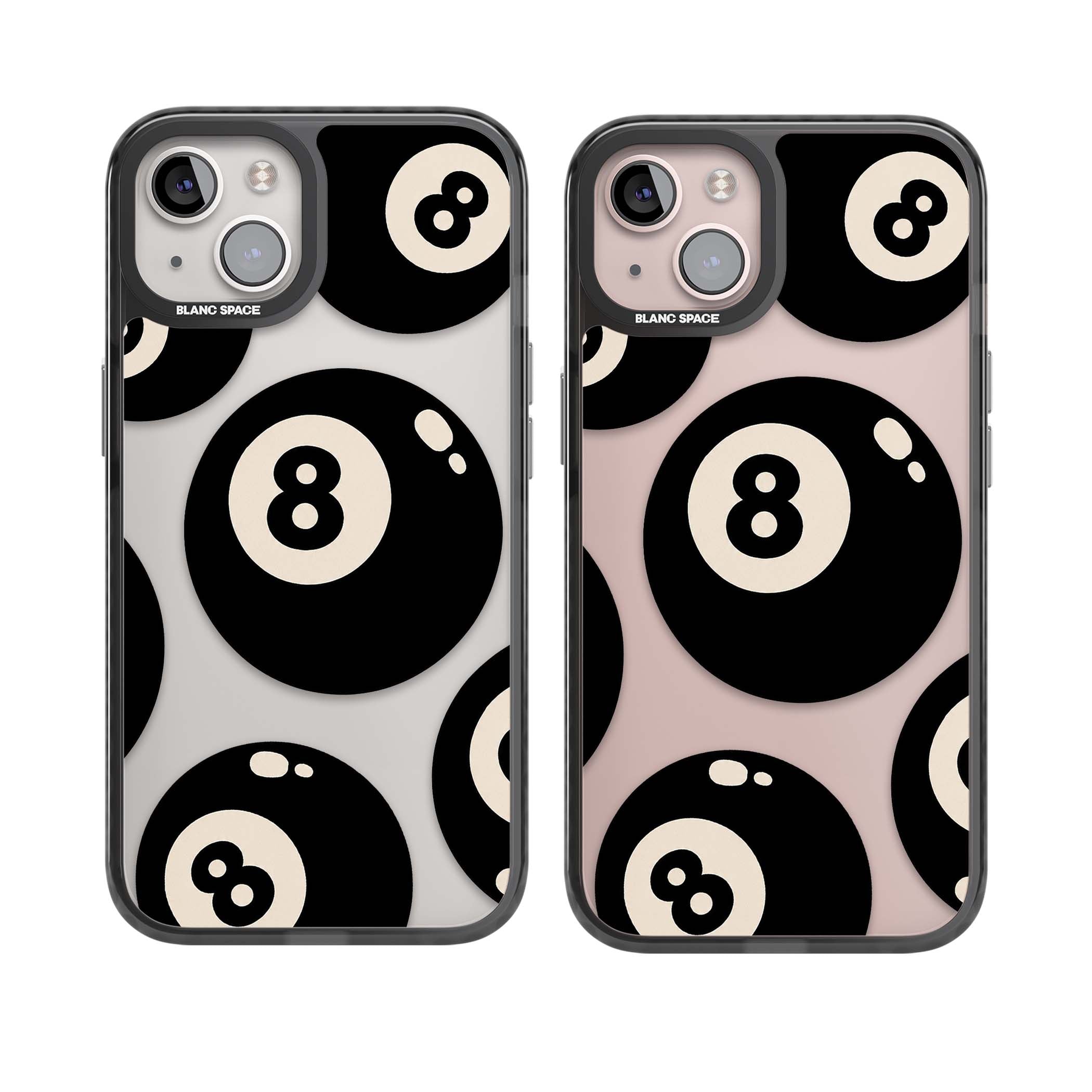 Eights y2k iPhone case featuring scattered black 8 balls with cream highlights on a clear background | Black Impact case for iPhone 13, iPhone 14, iPhone 15