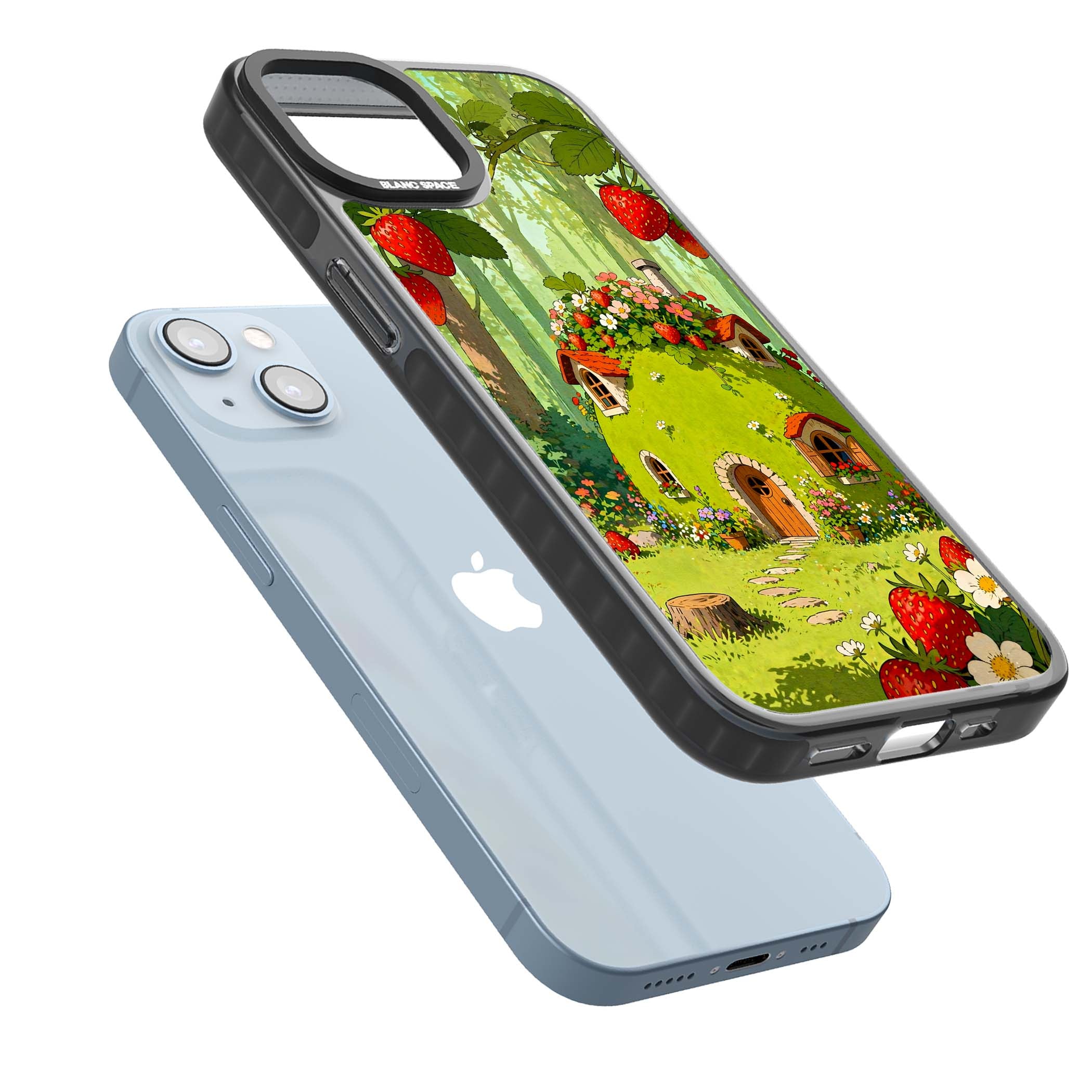 Strawberry Cottage cottagecore iPhone case featuring a green fairy house, wild strawberries and enchanted forest flowers | Black Impact case for iPhone 13, iPhone 14, iPhone 15