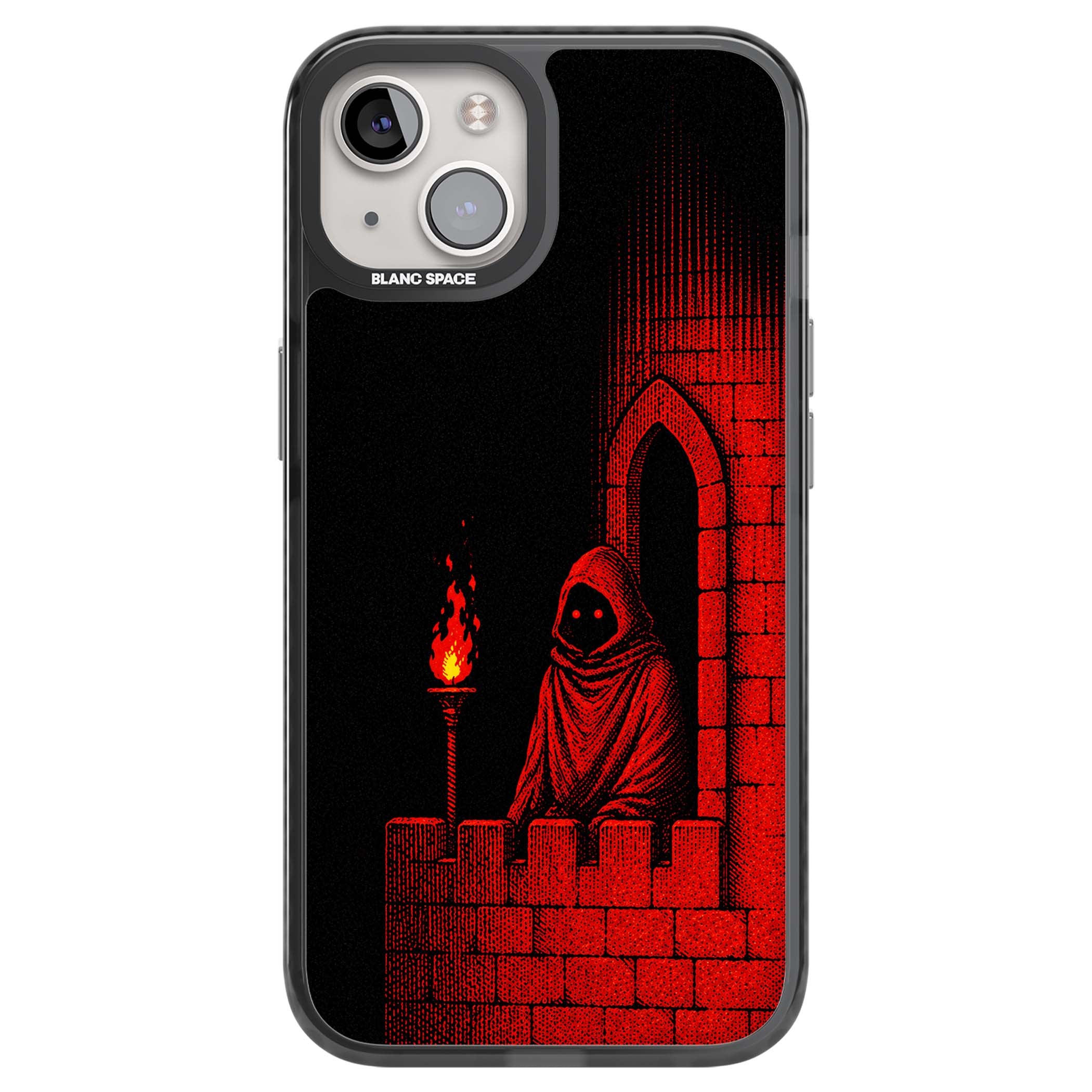 Crimson Crypt gothic iPhone case featuring a hooded reaper, torchlit crypt archway and red halftone horror art | Black Impact case for iPhone 13, iPhone 14, iPhone 15