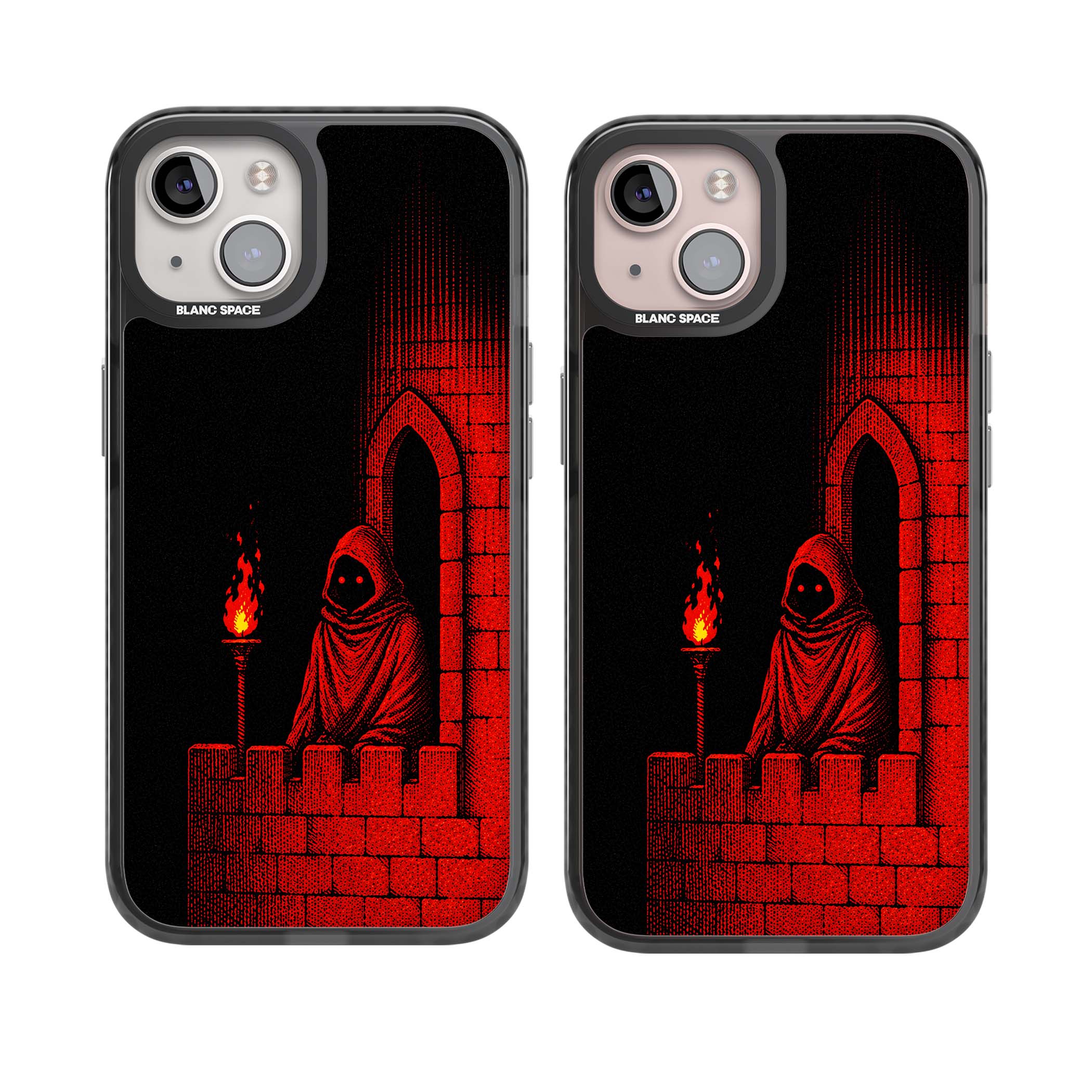 Crimson Crypt gothic iPhone case featuring a hooded reaper, torchlit crypt archway and red halftone horror art | Black Impact case for iPhone 13, iPhone 14, iPhone 15
