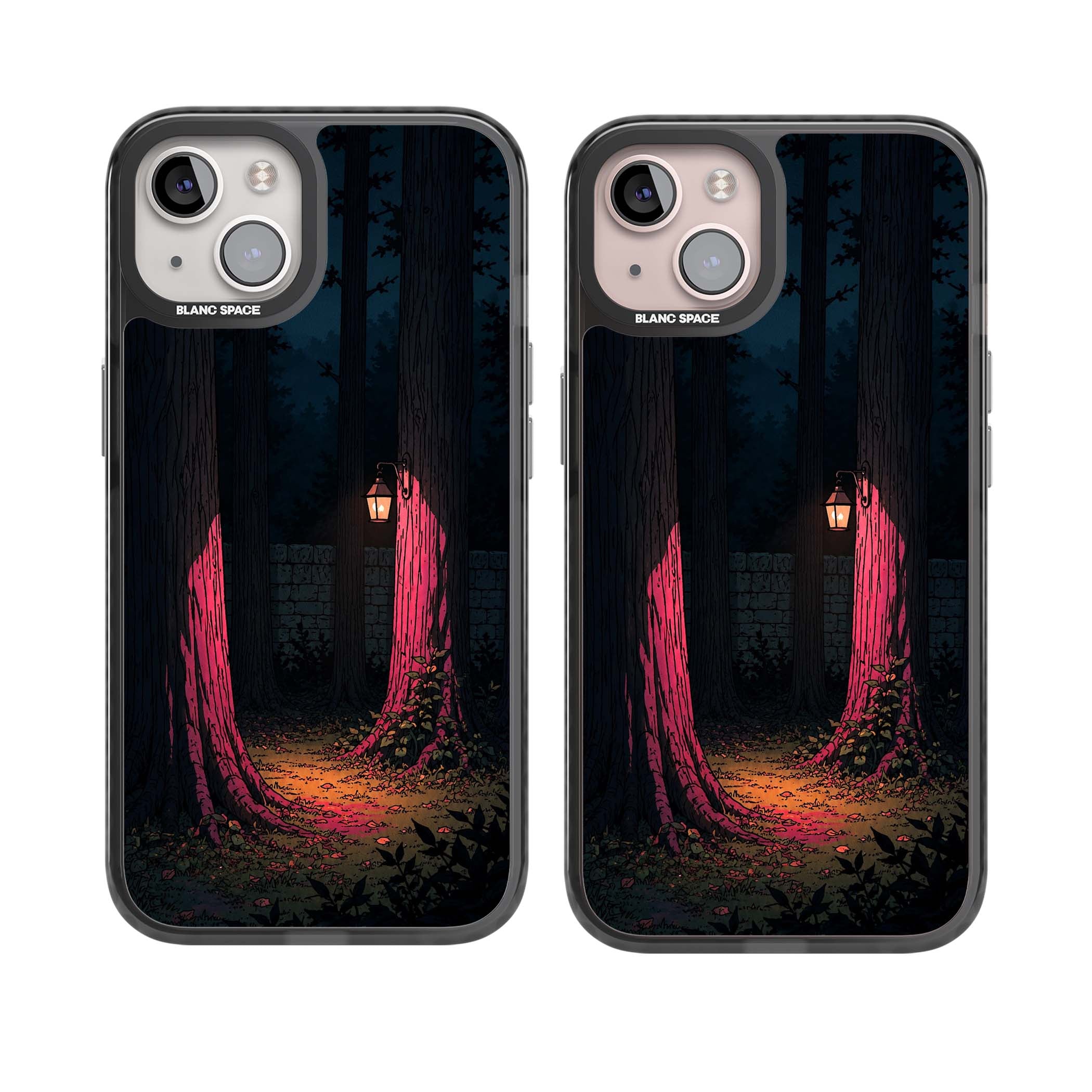 Forest Lantern dark academia iPhone case featuring a moonlit forest, glowing lantern, and stone wall pathway | Black Impact case for iPhone 13, iPhone 14, iPhone 15