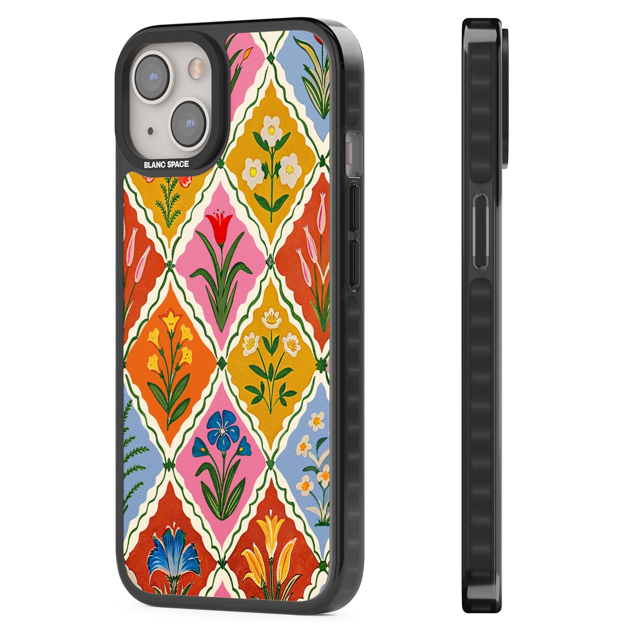 Floral Quilt boho floral iPhone case featuring diamond lattice pattern, hand-painted tulips and folk art wildflowers | Black Impact case for iPhone 13, iPhone 14, iPhone 15