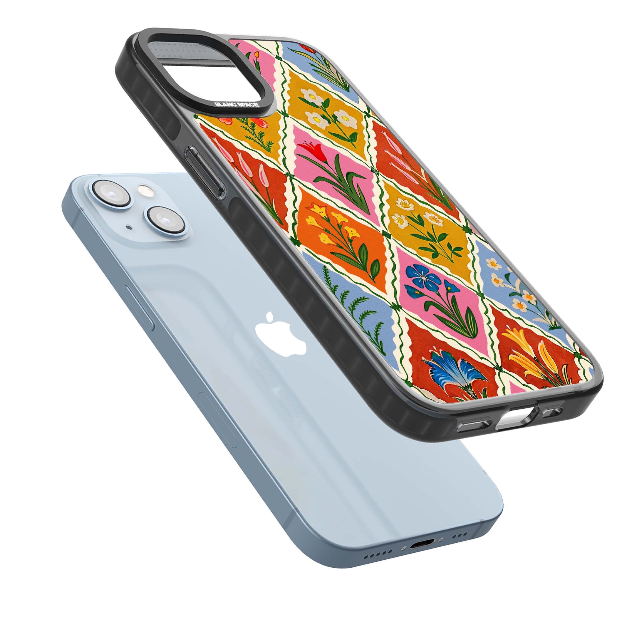 Floral Quilt boho floral iPhone case featuring diamond lattice pattern, hand-painted tulips and folk art wildflowers | Black Impact case for iPhone 13, iPhone 14, iPhone 15