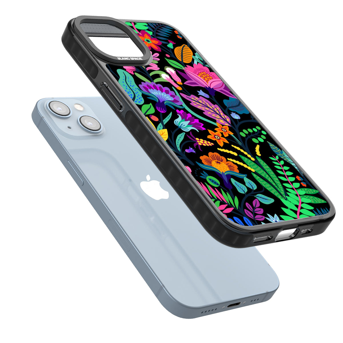 Floral Vibe (Black) iPhone 12 / 12 Pro / iPhone 13 / iPhone 14 / iPhone 14 Plus / iPhone 15 / iPhone 15 Plus Impact Black Phone Case angled