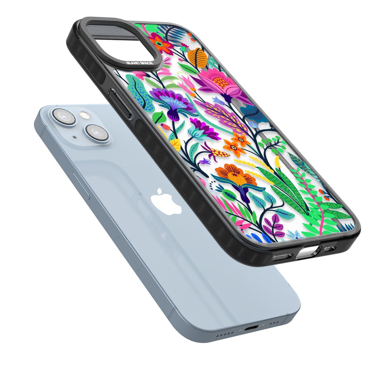 Floral Vibe iPhone 12 / 12 Pro / iPhone 13 / iPhone 14 / iPhone 14 Plus / iPhone 15 / iPhone 15 Plus Impact Black Phone Case angled