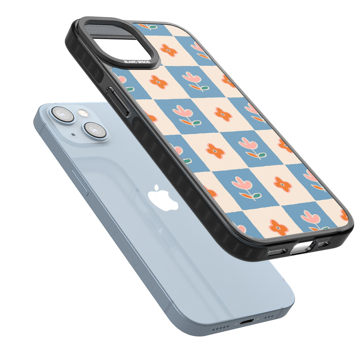 Vintage Bloom Checkered iPhone 12 / 12 Pro / iPhone 13 / iPhone 14 / iPhone 14 Plus / iPhone 15 / iPhone 15 Plus Impact Black Phone Case angled