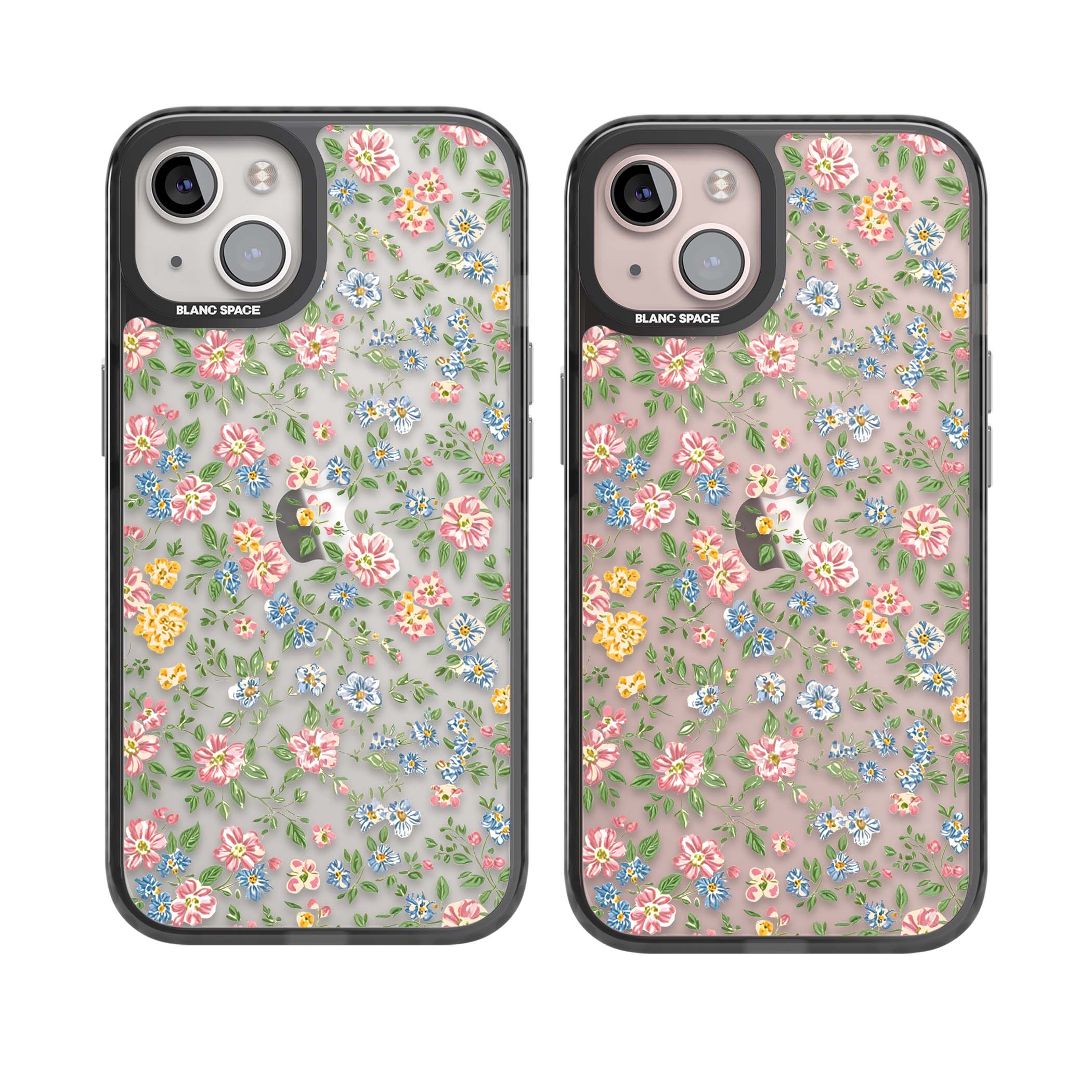 Soft Meadow cottagecore iPhone case featuring pink cosmos, blue forget-me-nots, yellow buttercups and green leaves sca | Black Impact case for iPhone 13, iPhone 14, iPhone 15