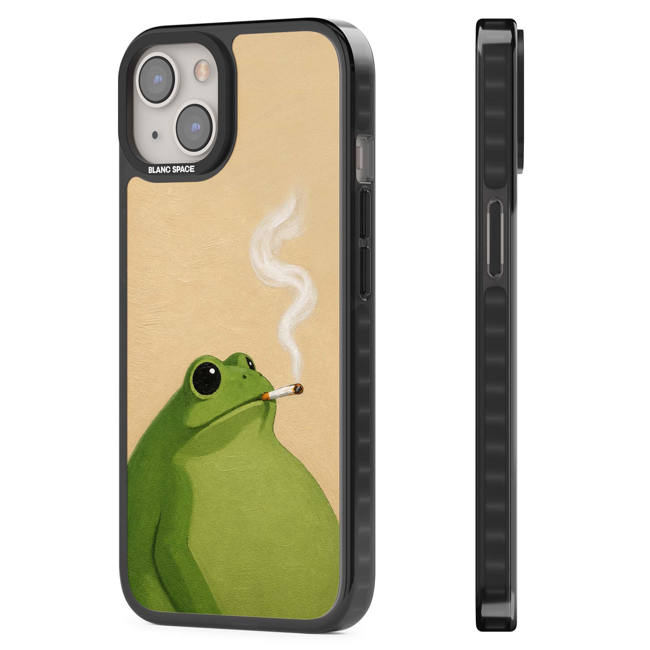 The Smoking Frog cottagecore iPhone case featuring a hand-painted green frog smoking a cigarette on a cream oil painting back | Black Impact case for iPhone 13, iPhone 14, iPhone 15