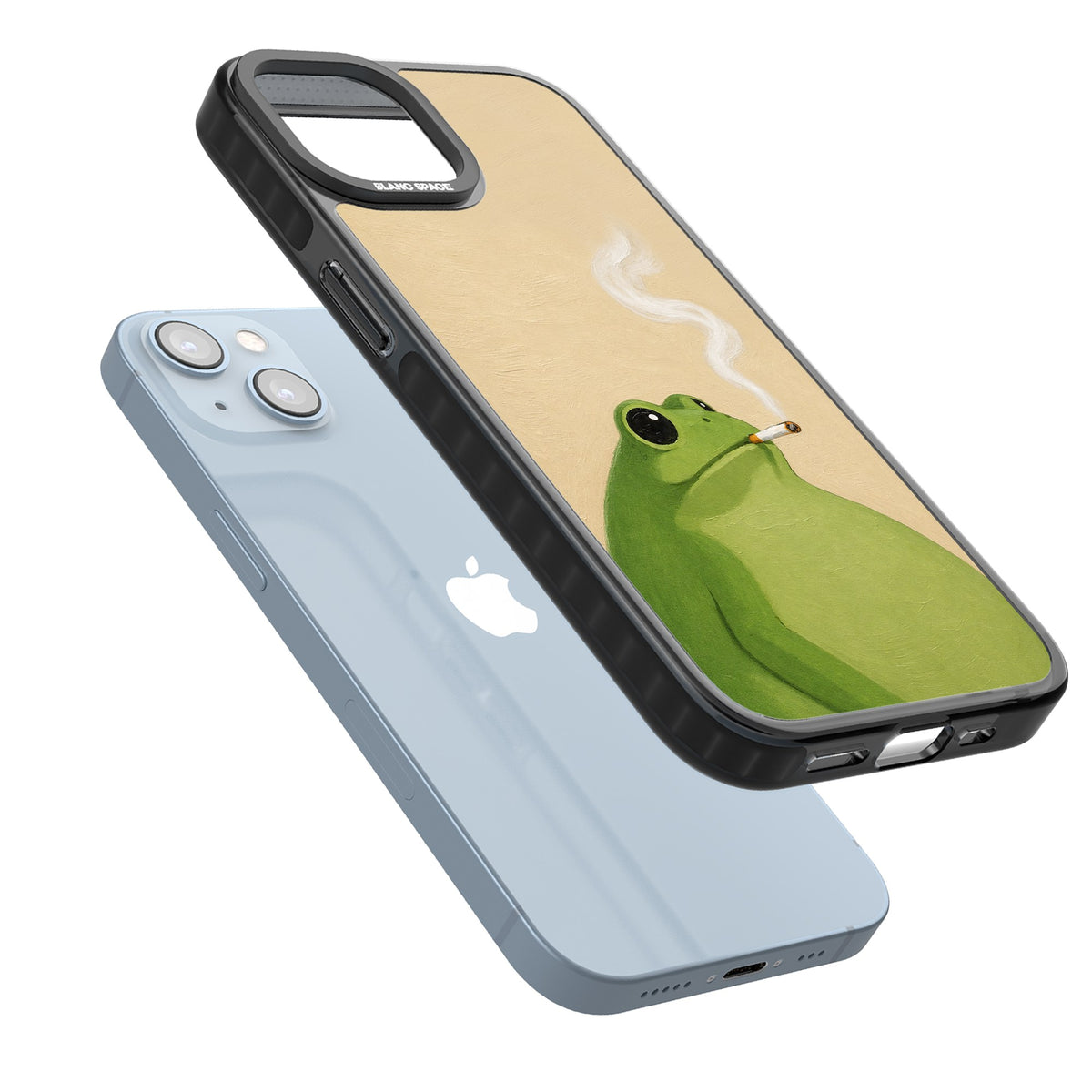 The Smoking Frog iPhone 12 / 12 Pro / iPhone 13 / iPhone 14 / iPhone 14 Plus / iPhone 15 / iPhone 15 Plus Impact Black Phone Case angled