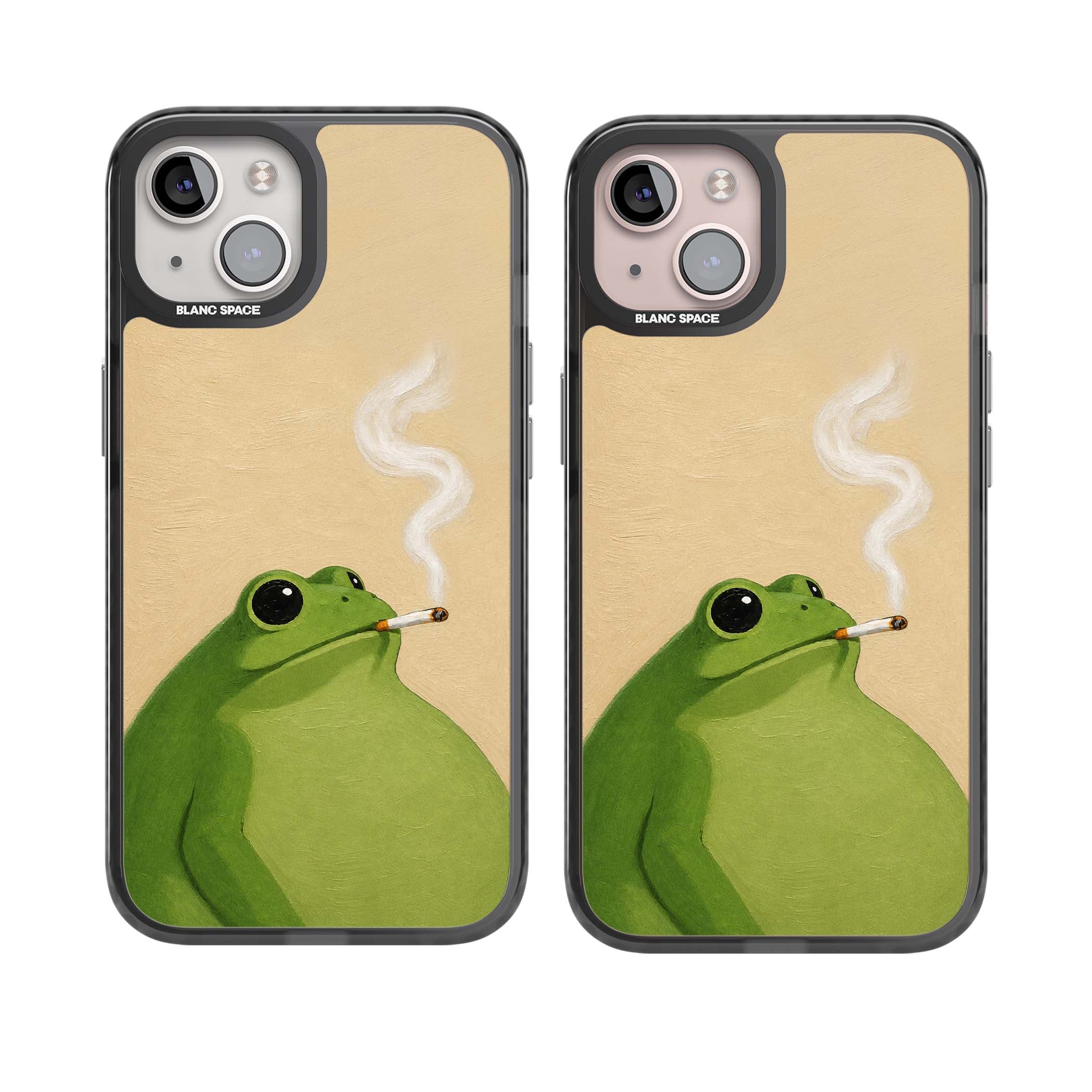 The Smoking Frog cottagecore iPhone case featuring a hand-painted green frog smoking a cigarette on a cream oil painting back | Black Impact case for iPhone 13, iPhone 14, iPhone 15