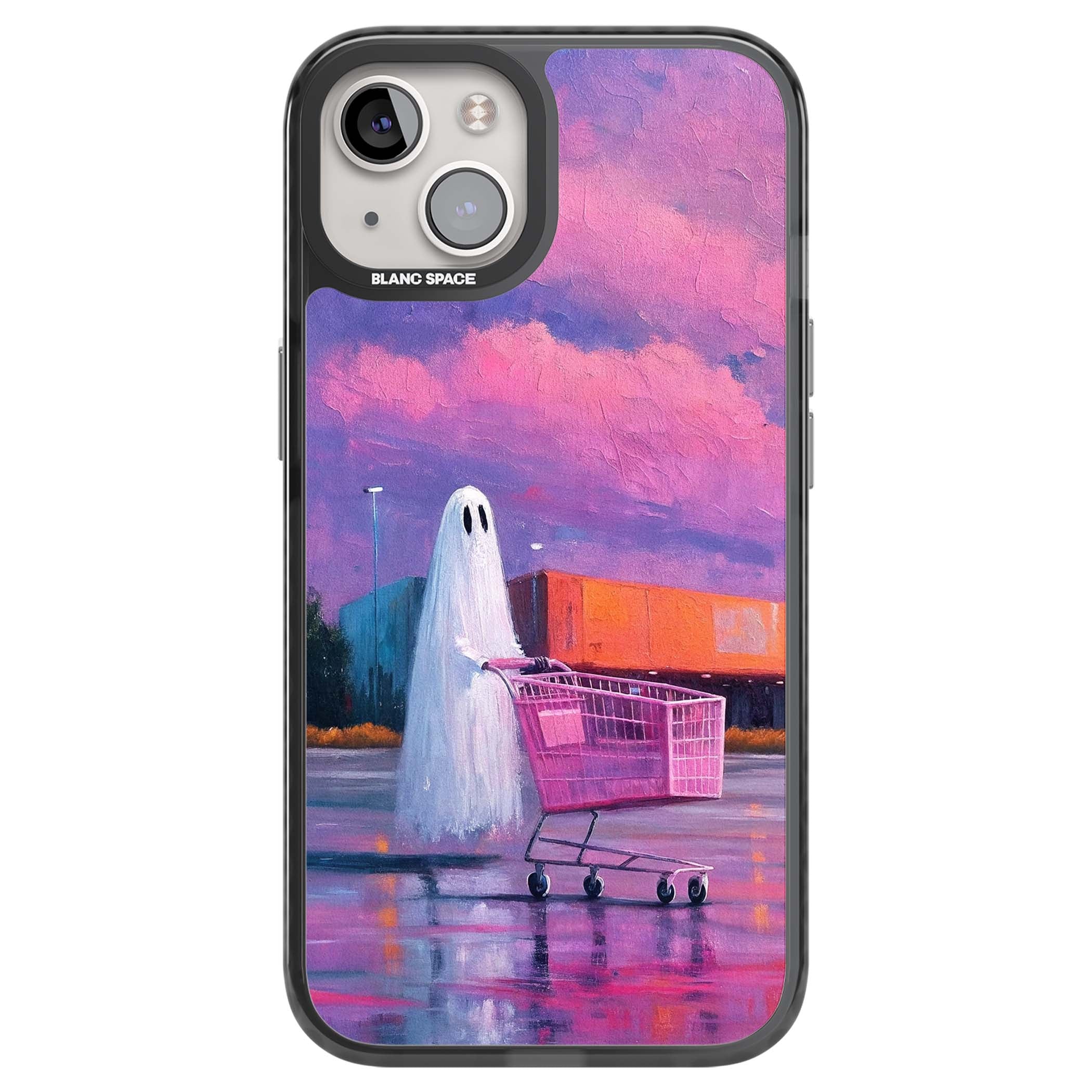 A Ghost's Errand ghost halloween iPhone case featuring a painted ghost, pink shopping trolley and purple sunset sky | Black Impact case for iPhone 13, iPhone 14, iPhone 15
