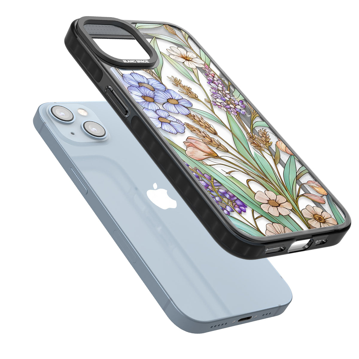 Glass Lavenders & Daisies iPhone 12 / 12 Pro / iPhone 13 / iPhone 14 / iPhone 14 Plus / iPhone 15 / iPhone 15 Plus Impact Black Phone Case angled