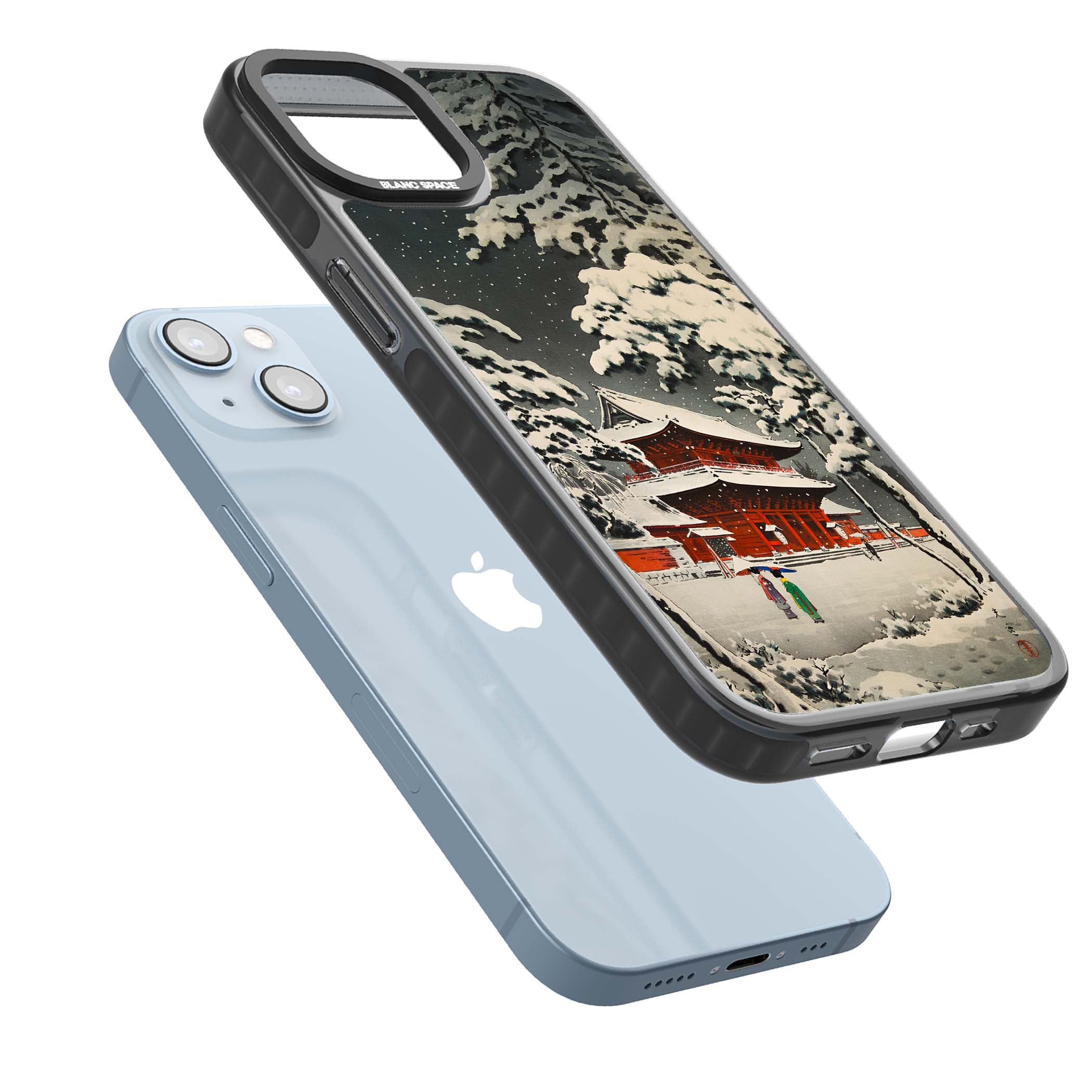 Snow at Shiha Park, Tokyo Japanese art iPhone case featuring a vintage ukiyo-e snowy temple, red pagoda, and snow-covered pin | Black Impact case for iPhone 13, iPhone 14, iPhone 15