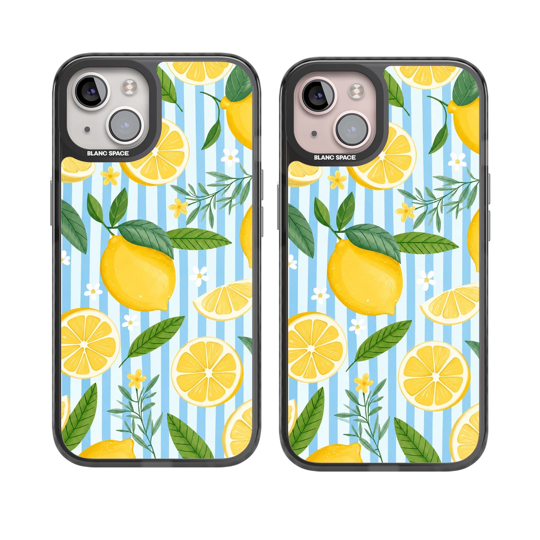 Capri Citrus Stripe coastal iPhone case featuring yellow lemons, blue stripes, and white daisy blossoms | Black Impact case for iPhone 13, iPhone 14, iPhone 15