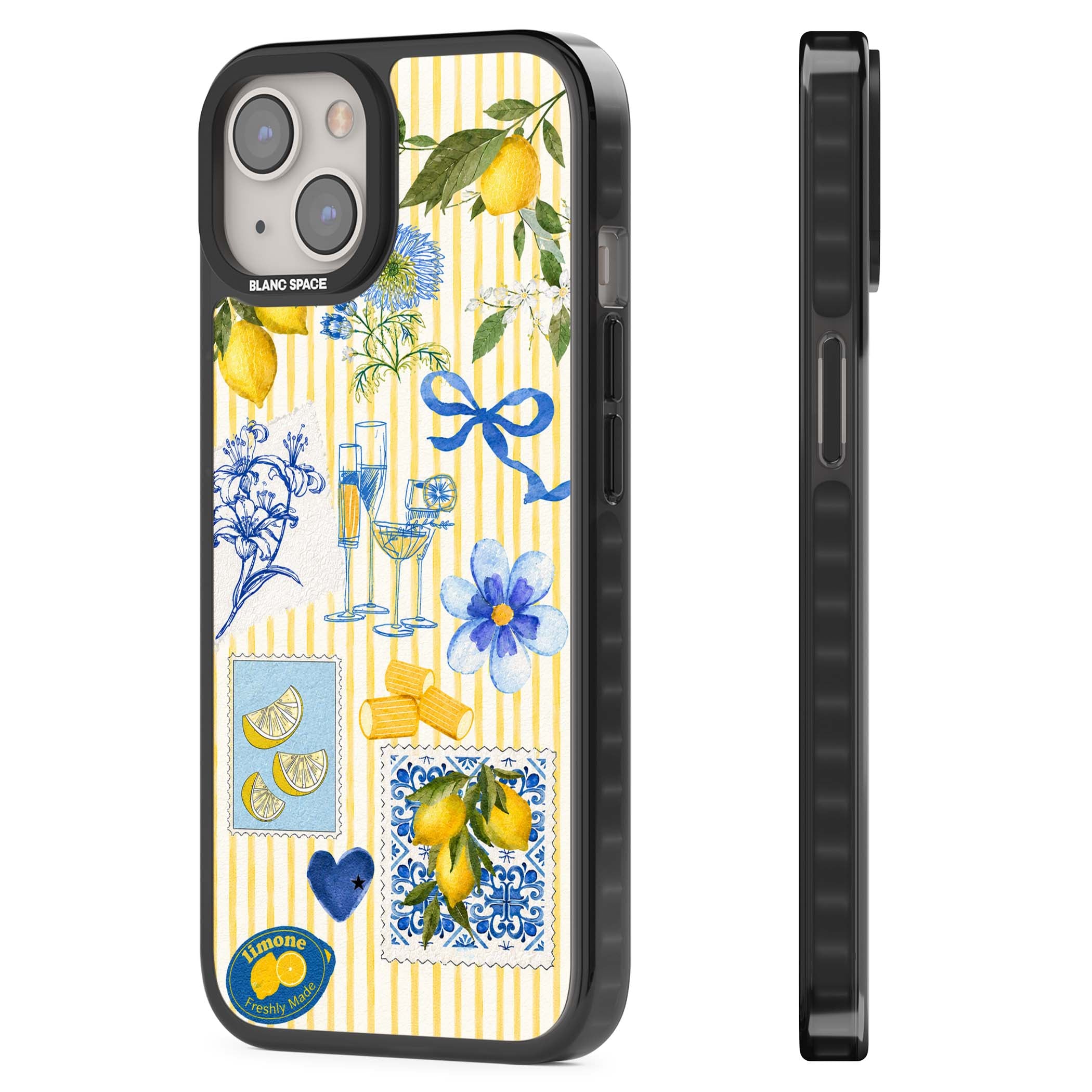 Limone Riviera Italian summer iPhone case featuring watercolour lemons, blue ribbon bows and majolica tile stamps on... | Black Impact case for iPhone 13, iPhone 14, iPhone 15