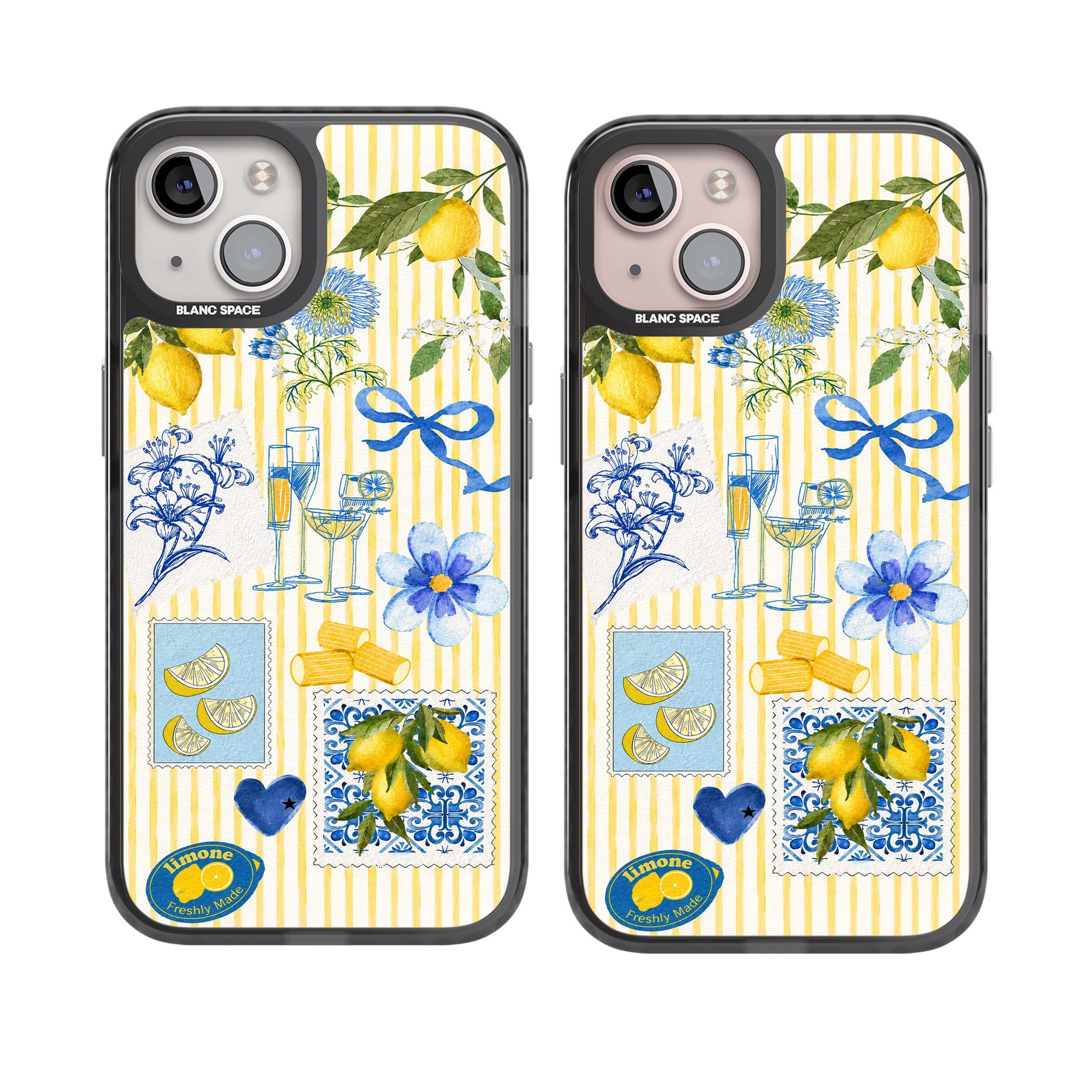 Limone Riviera Italian summer iPhone case featuring watercolour lemons, blue ribbon bows and majolica tile stamps on... | Black Impact case for iPhone 13, iPhone 14, iPhone 15