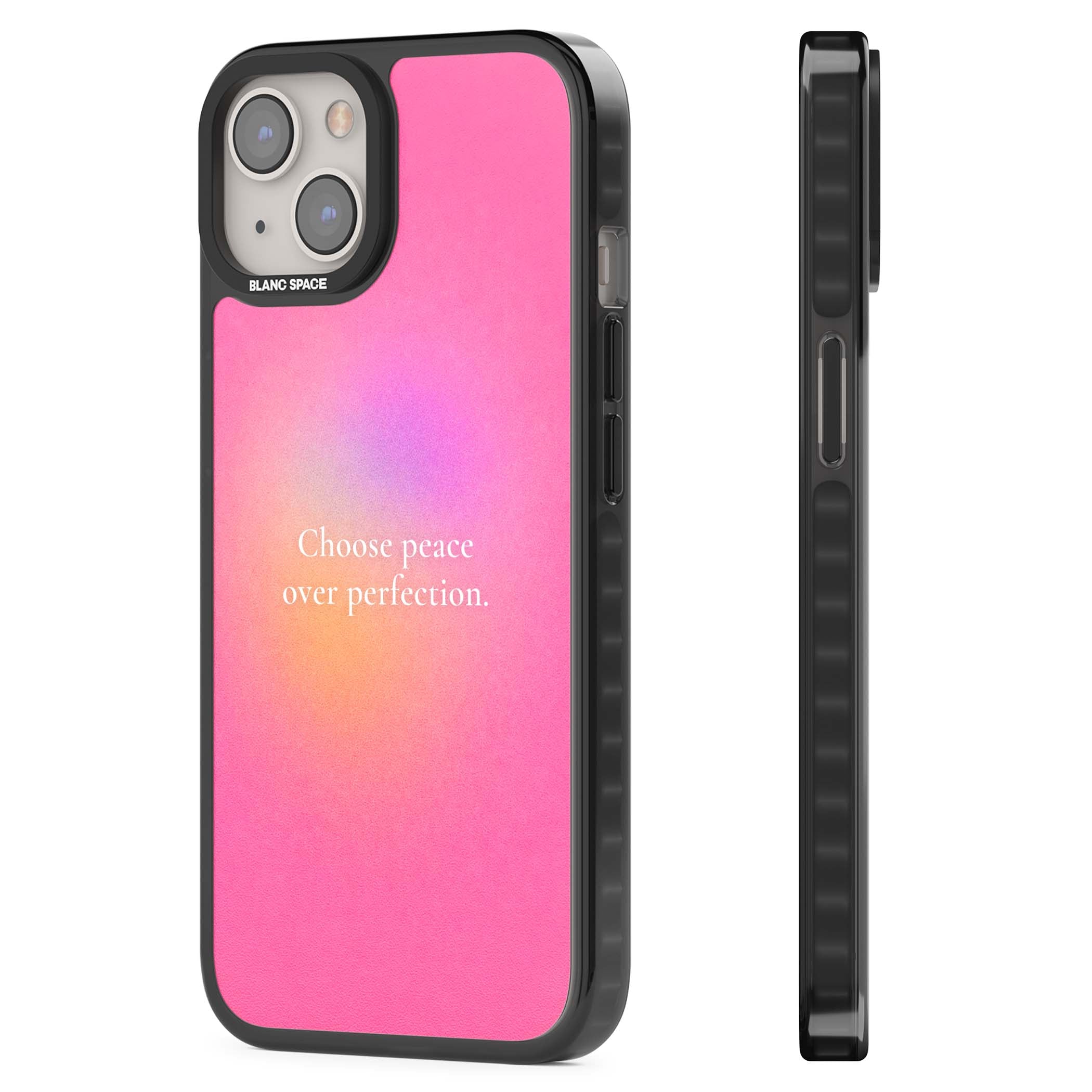 Peace Over Perfection quote iPhone case featuring a dreamy pink aura gradient and delicate white affirmation text | Black Impact Magsafe case for iPhone 13, iPhone 14, iPhone 15