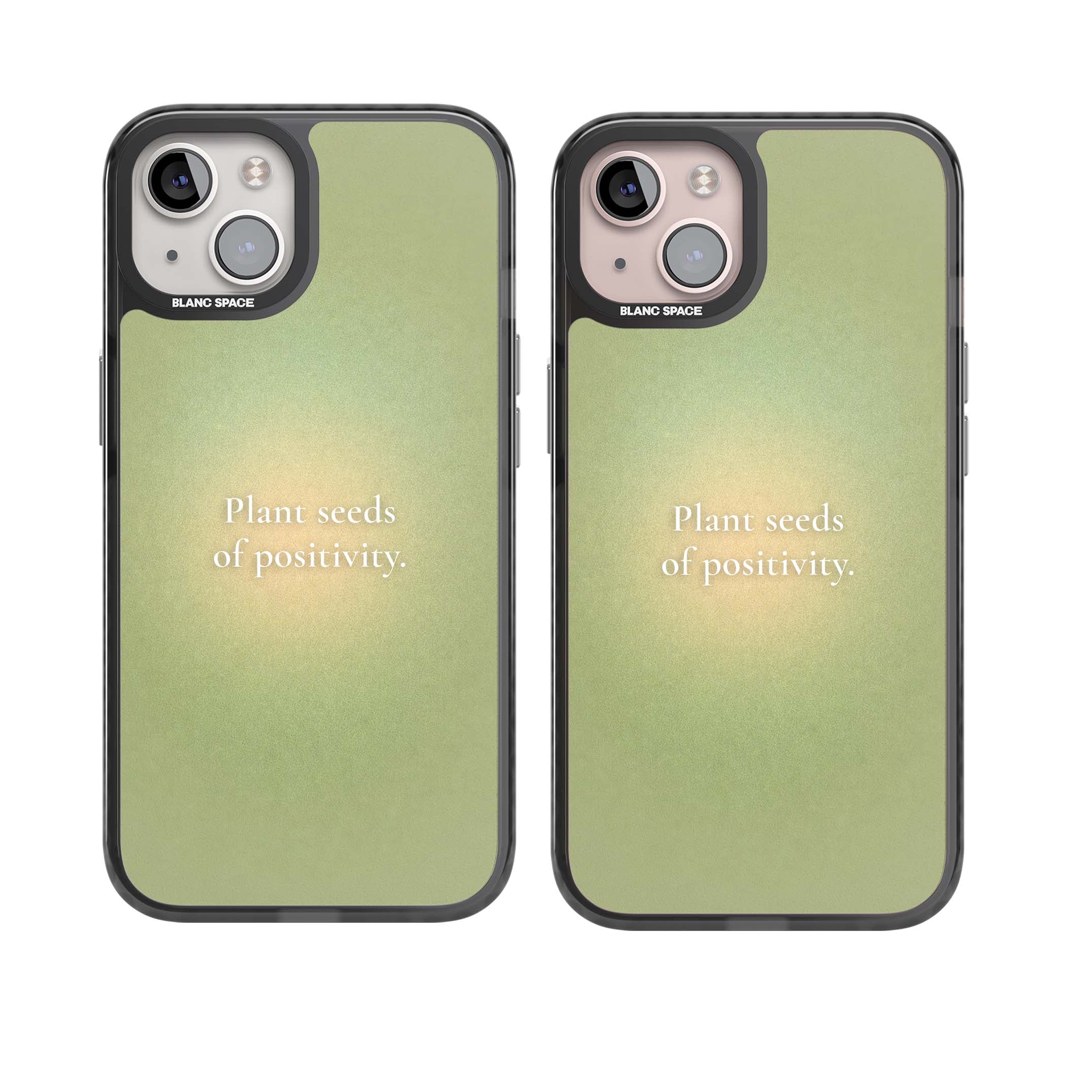 Seeds of Positivity quote iPhone case featuring a sage green aura gradient and golden glow affirmation | Black Impact Magsafe case for iPhone 13, iPhone 14, iPhone 15