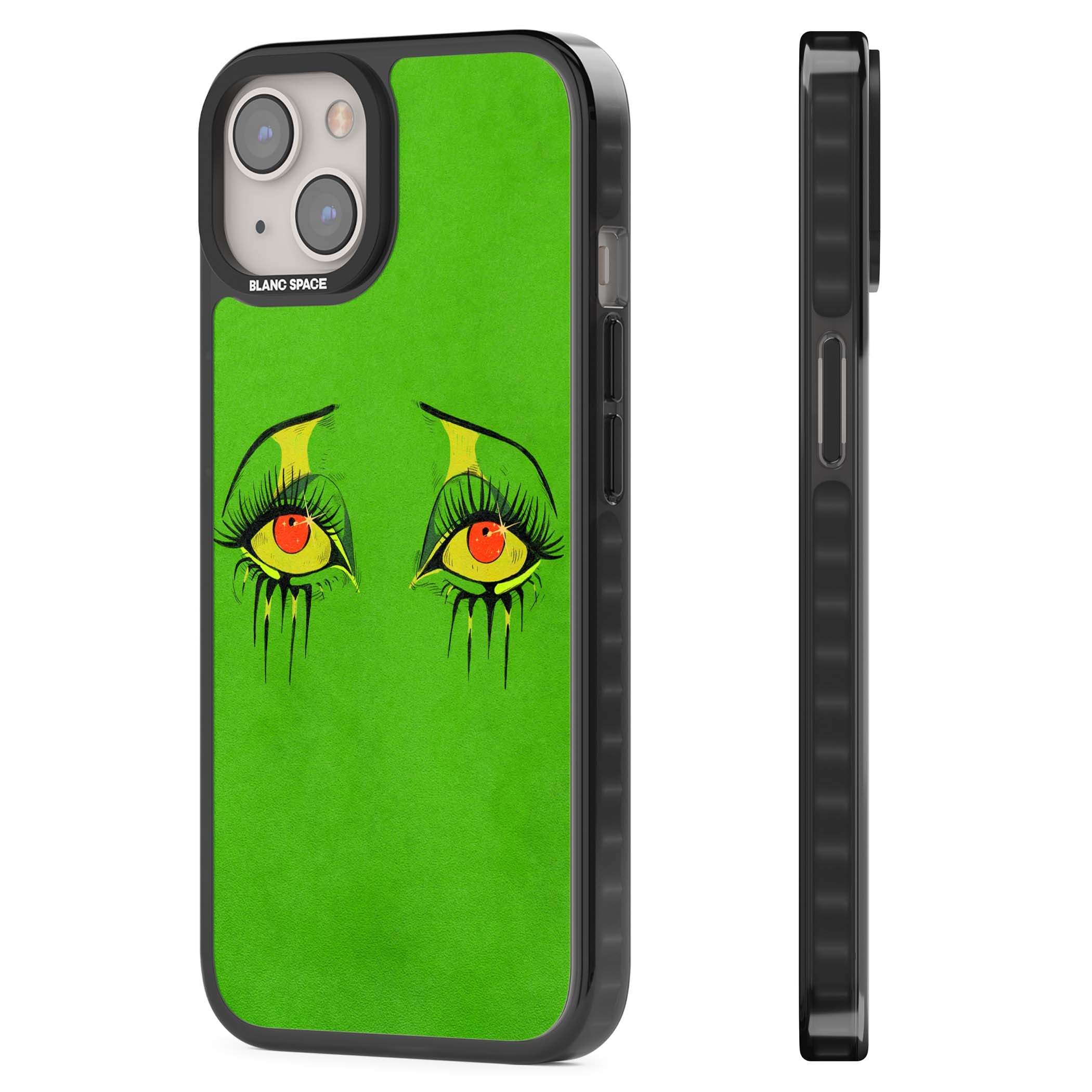 Green Enchanted Eyes psychedelic art iPhone case featuring hand-drawn dripping eyes on neon green background | Black Impact Magsafe case for iPhone 13, iPhone 14, iPhone 15