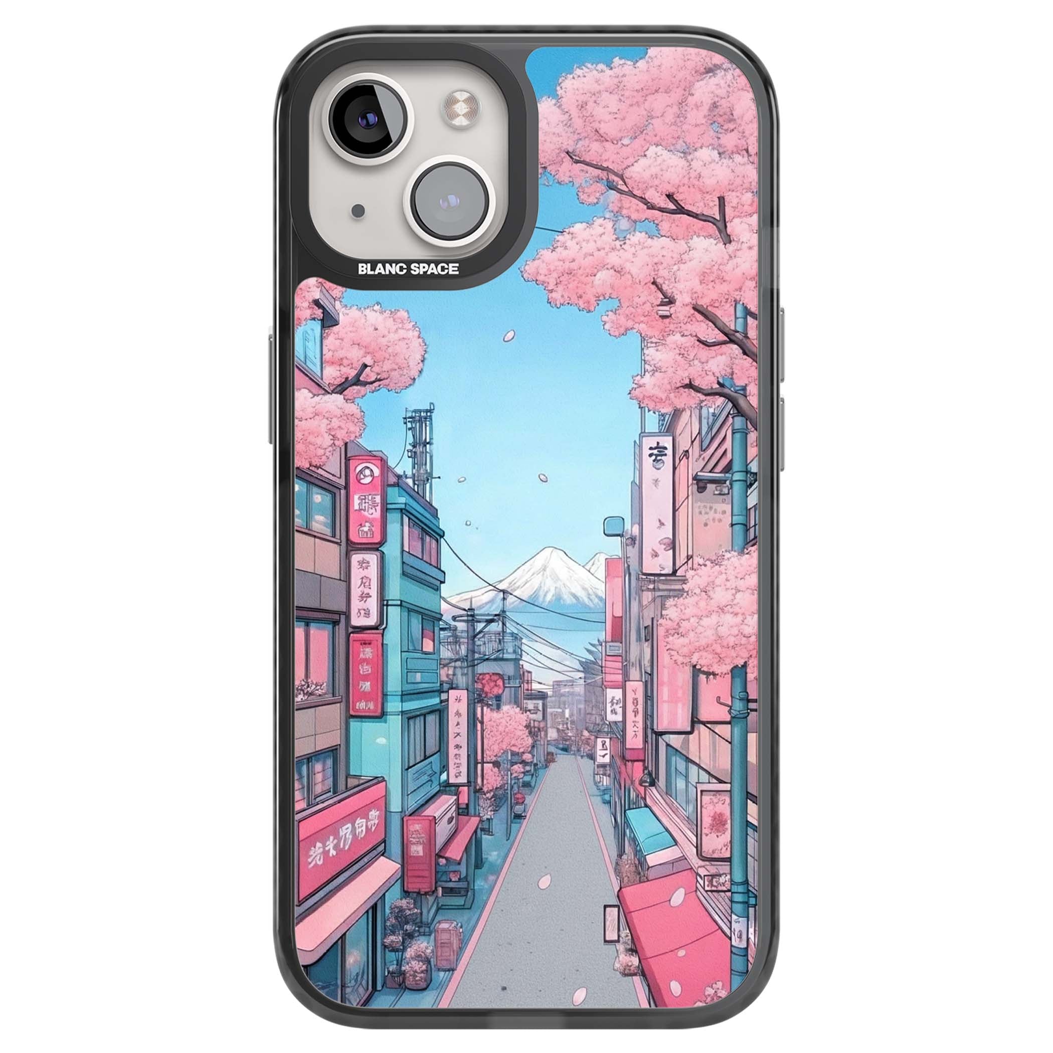 Sakura Lane anime iPhone case featuring Tokyo street scene with cherry blossoms and Mount Fuji | Black Impact Magsafe case for iPhone 13, iPhone 14, iPhone 15