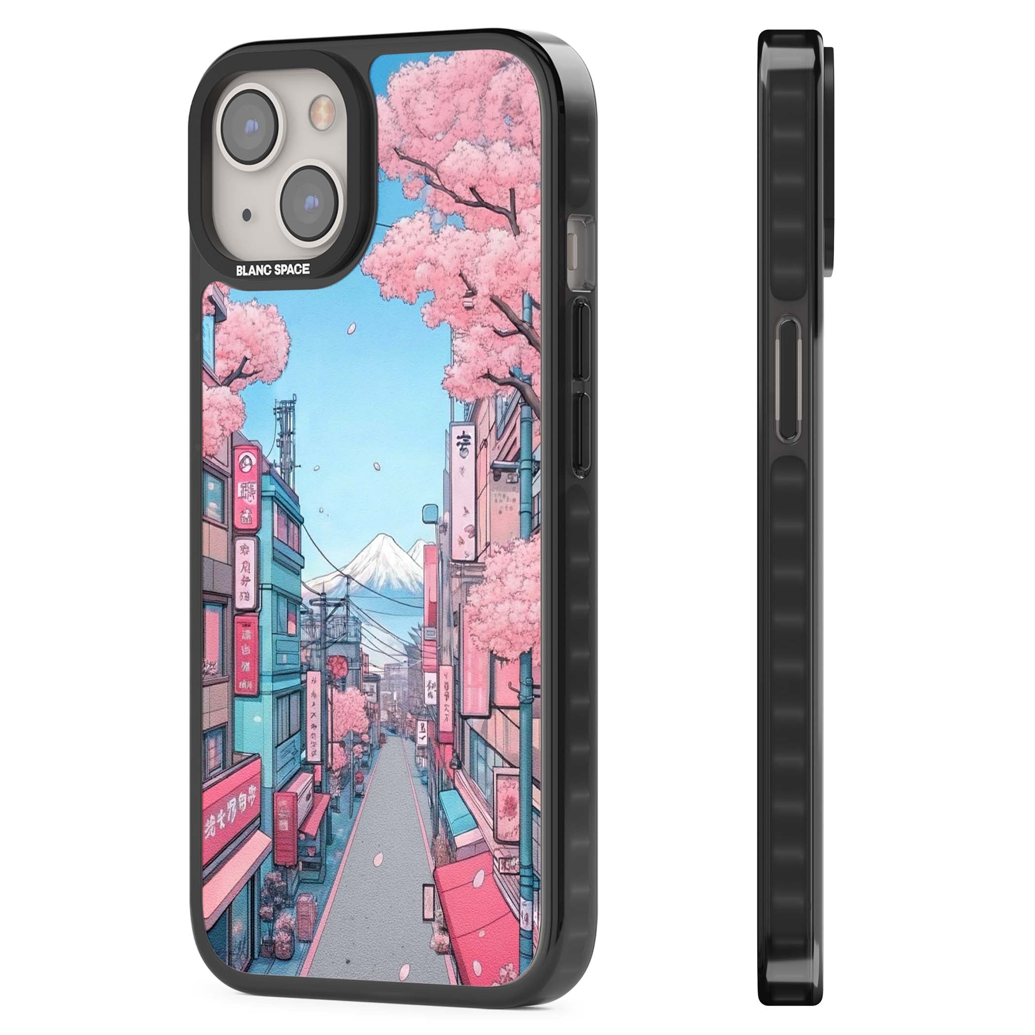 Sakura Lane anime iPhone case featuring Tokyo street scene with cherry blossoms and Mount Fuji | Black Impact Magsafe case for iPhone 13, iPhone 14, iPhone 15