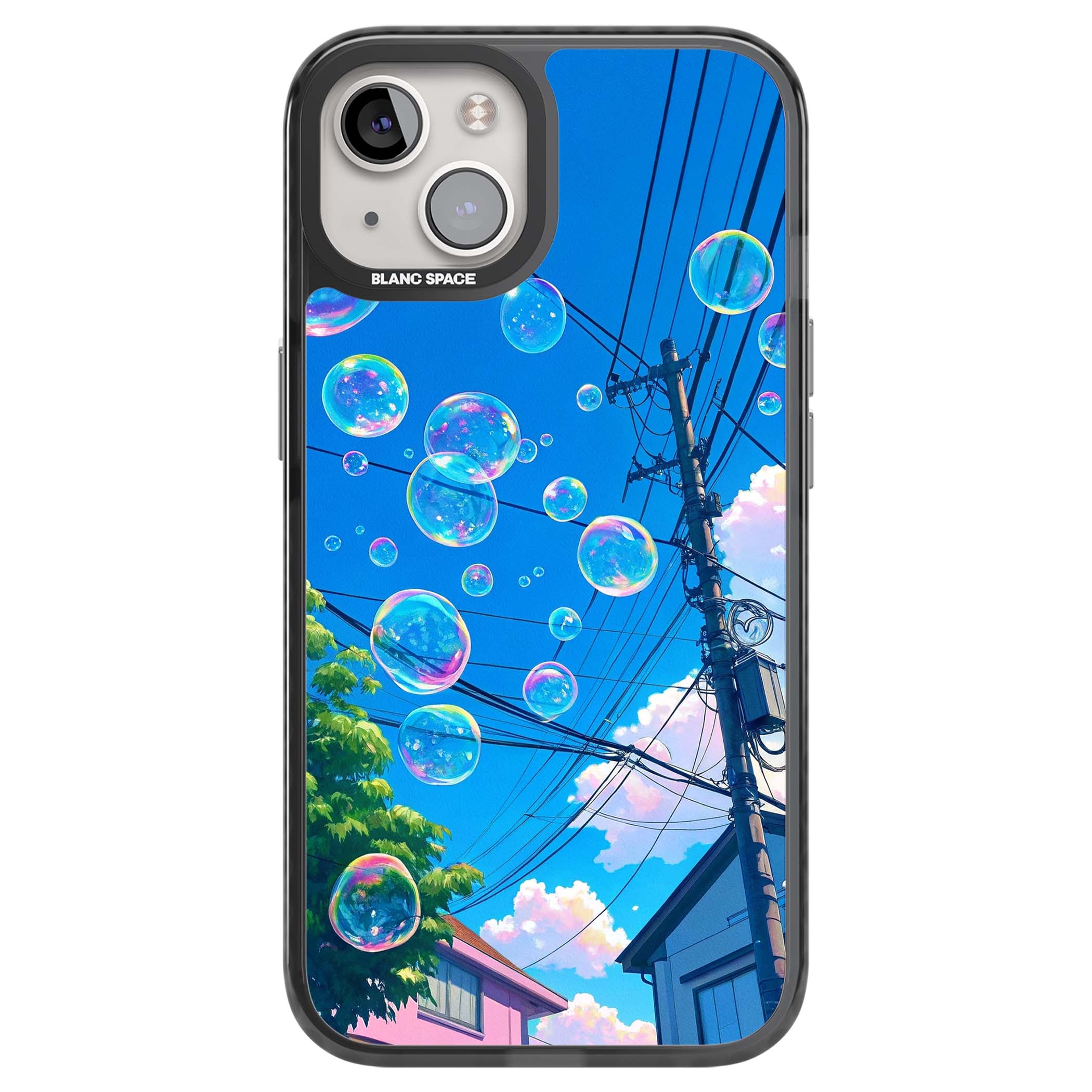 Suburban Bubbles anime iPhone case featuring iridescent soap bubbles, blue sky and Japanese telephone wires | Black Impact Magsafe case for iPhone 13, iPhone 14, iPhone 15