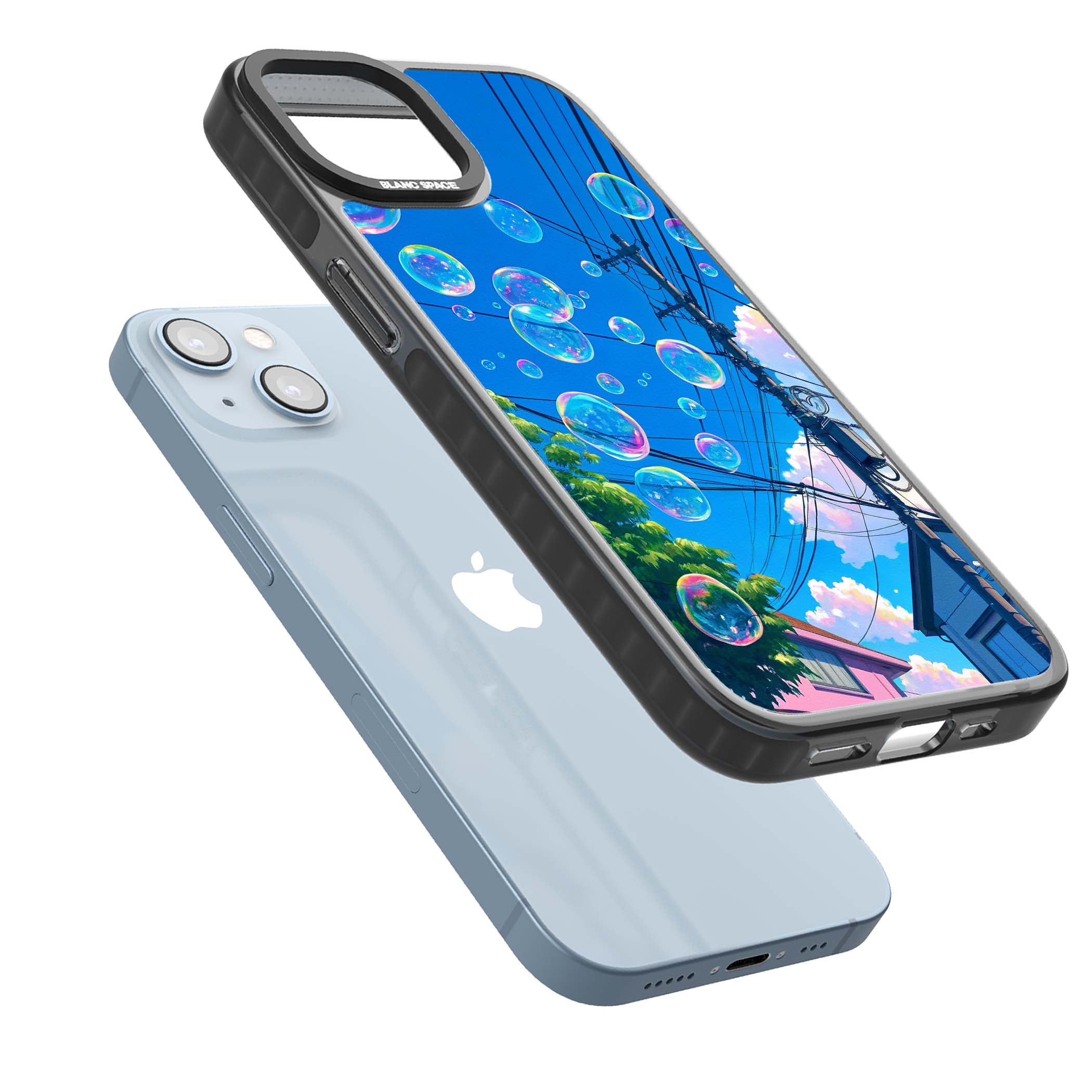 Suburban Bubbles anime iPhone case featuring iridescent soap bubbles, blue sky and Japanese telephone wires | Black Impact Magsafe case for iPhone 13, iPhone 14, iPhone 15