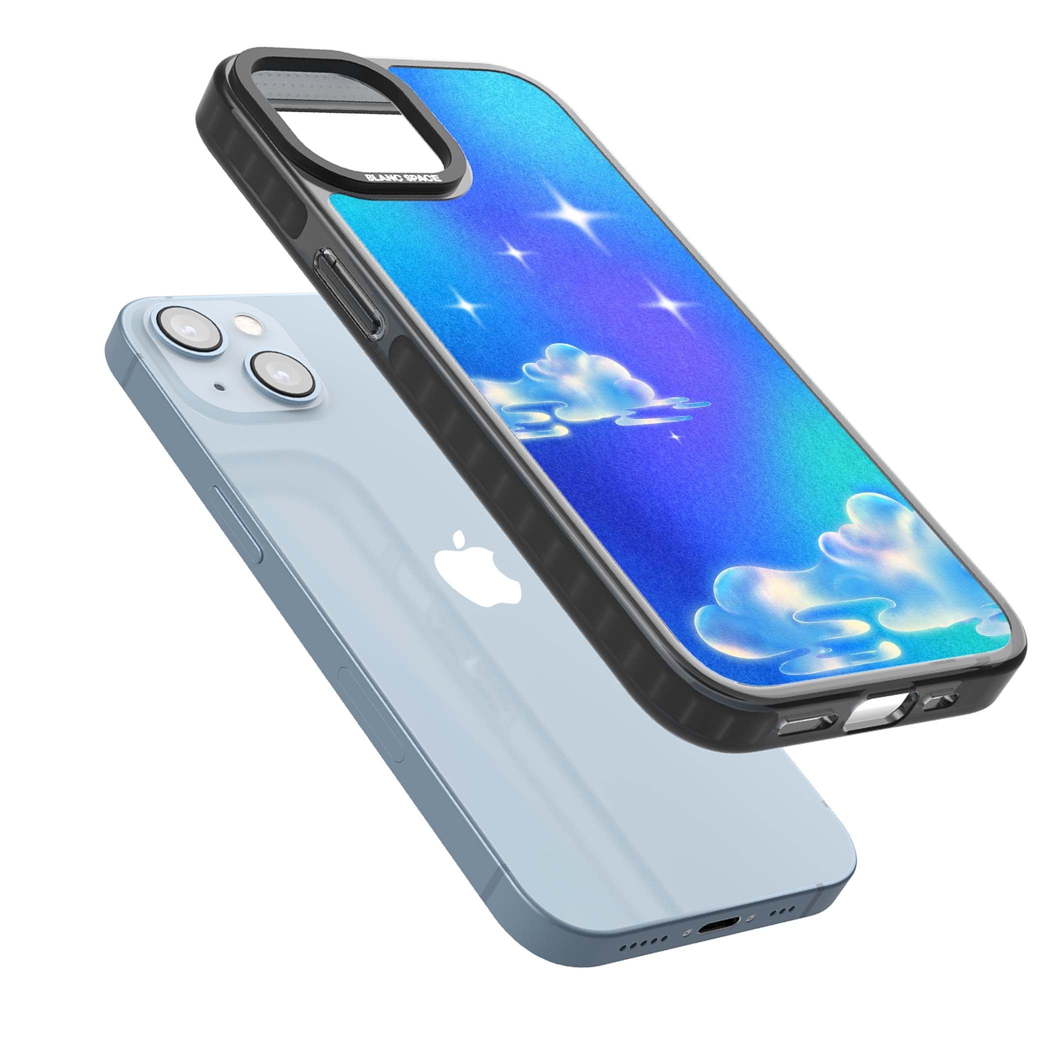 Aurora celestial iPhone case featuring dreamy iridescent clouds, sparkling stars and pastel blue purple sky | Black Impact Magsafe case for iPhone 13, iPhone 14, iPhone 15