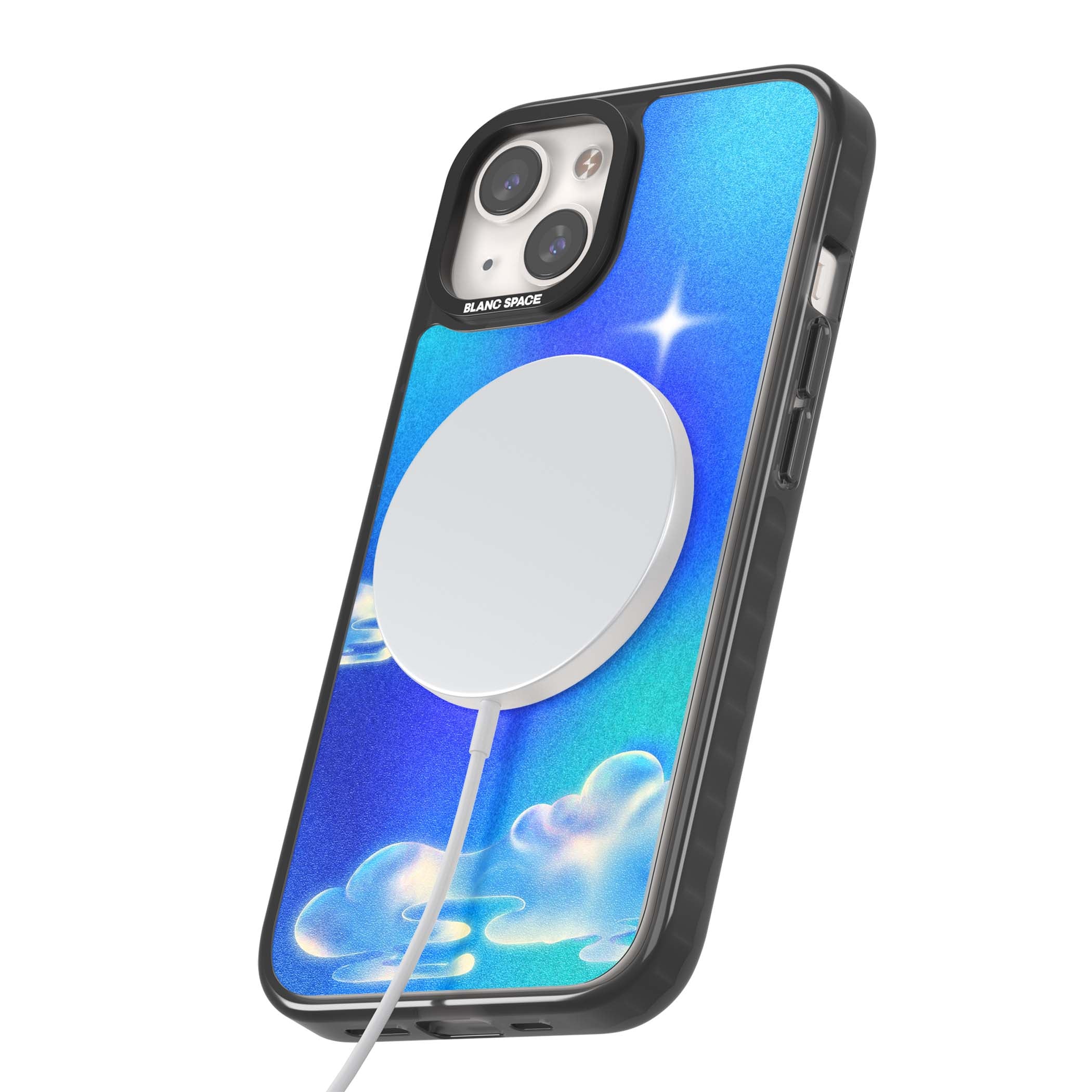 Aurora celestial iPhone case featuring dreamy iridescent clouds, sparkling stars and pastel blue purple sky | Black Impact Magsafe case for iPhone 13, iPhone 14, iPhone 15